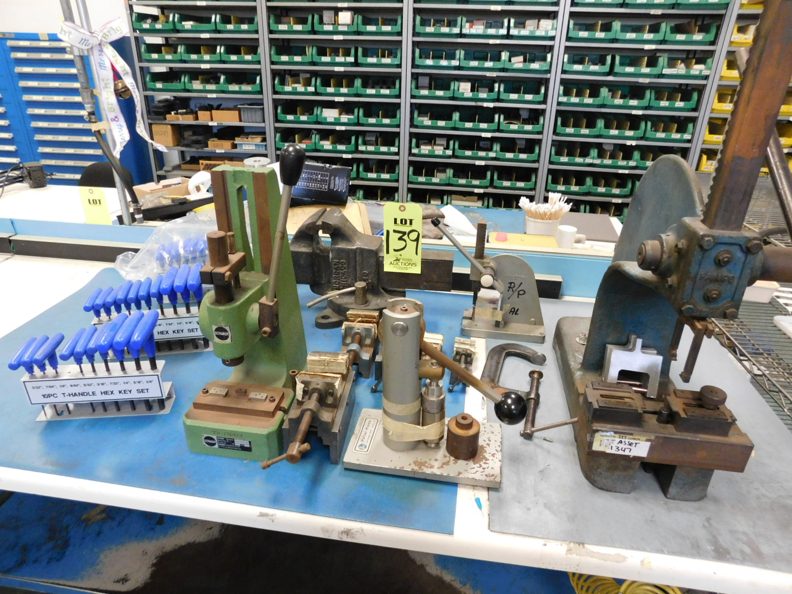 LOT OF MISC. HAND PRESSES, PALMGREN VISES, & (3) T-HANDLE HEX KEY SETS-139