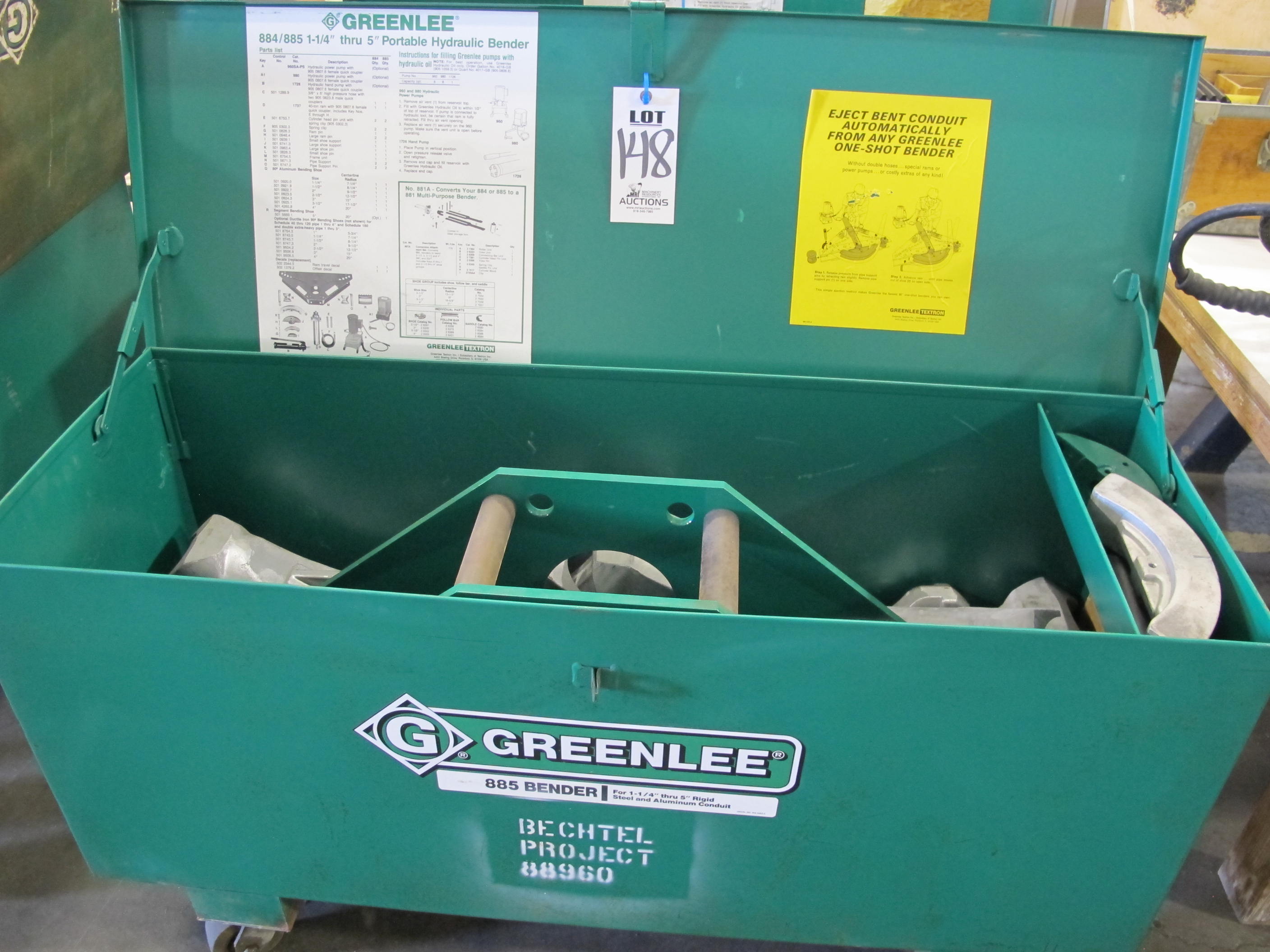 GREENLEE MODEL 885 1-1/4" THRU 5" PORTABLE HYDRAULIC BENDER (G-49) LOADING & HANDLING FEE $15-