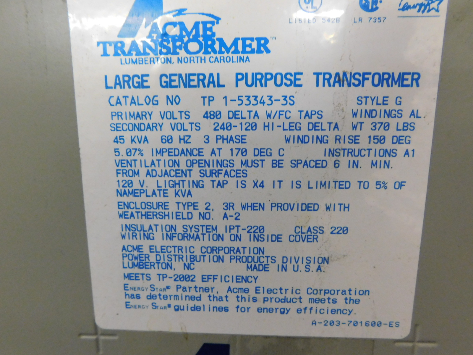 ACME TRANSFORMER, LARGE GENERAL PURPOSE, CAT.# TPI-53343-3S, STYLE G-199