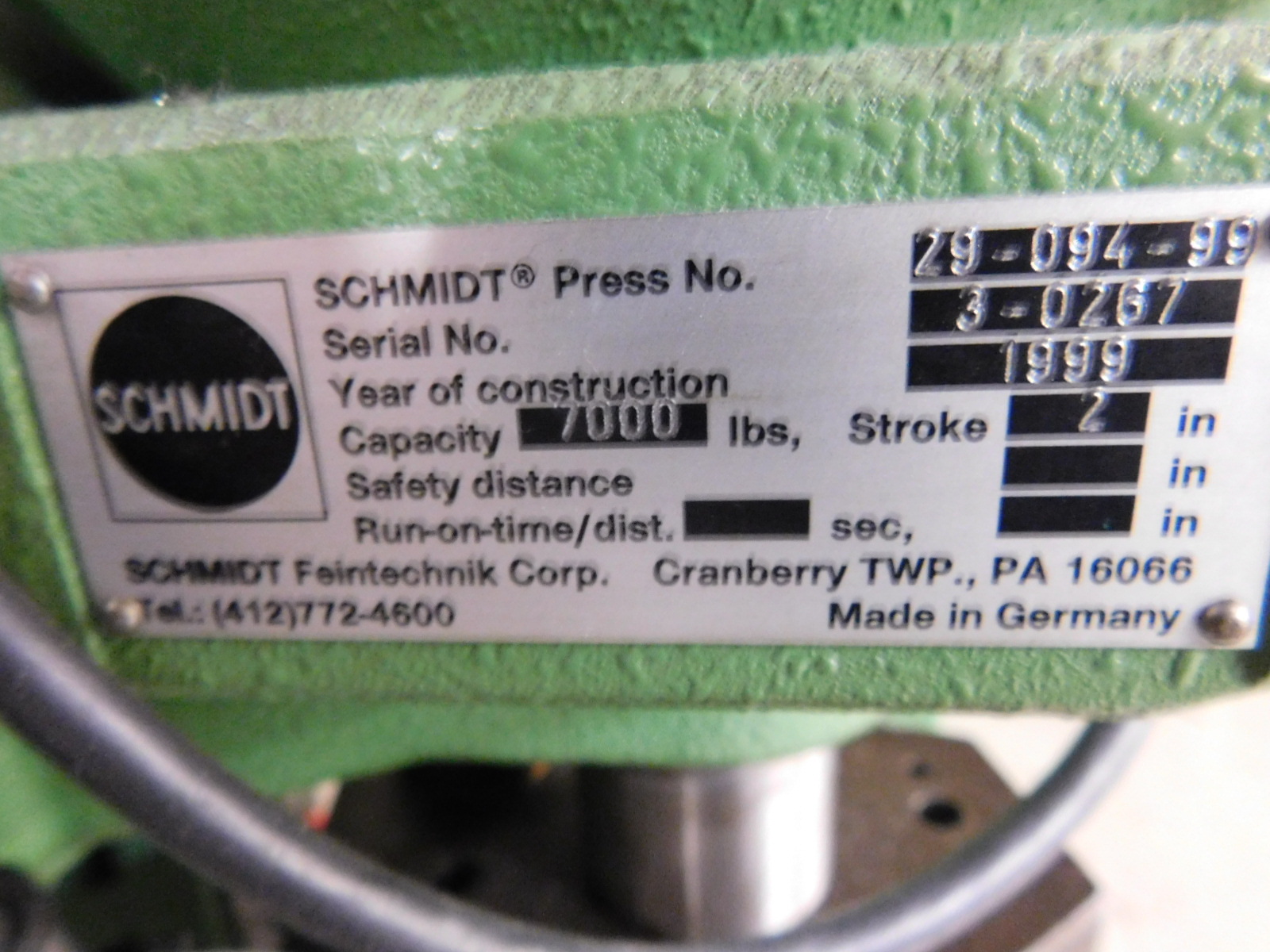 1999 SCHMIDT PRESS NO. 29-094-99, S/N 3-0267, 7,000 LBS, 2"STROKE-205