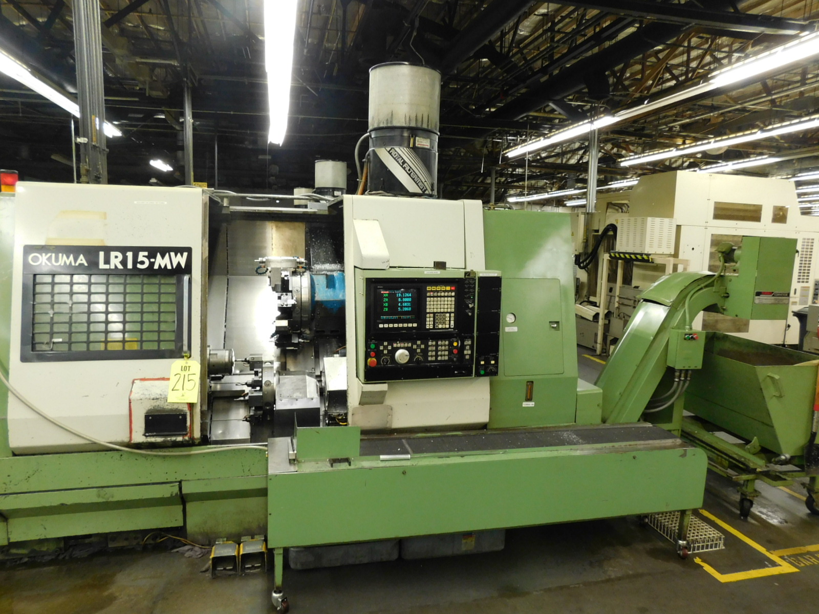 OKUMA LR 15-MW LATHE, OSP 5020L CNC CONTROL, LIVE TOOL, TWIN SPINDLE, HYDRAULIC TAILSTOCK, SUB SPINDLE, PARTS CATCHER, PARTS CONVEYOR, TURBO CHIP CONVEYOR, ROYAL MIST FILTER, METAL BIN, S/N 1798-215