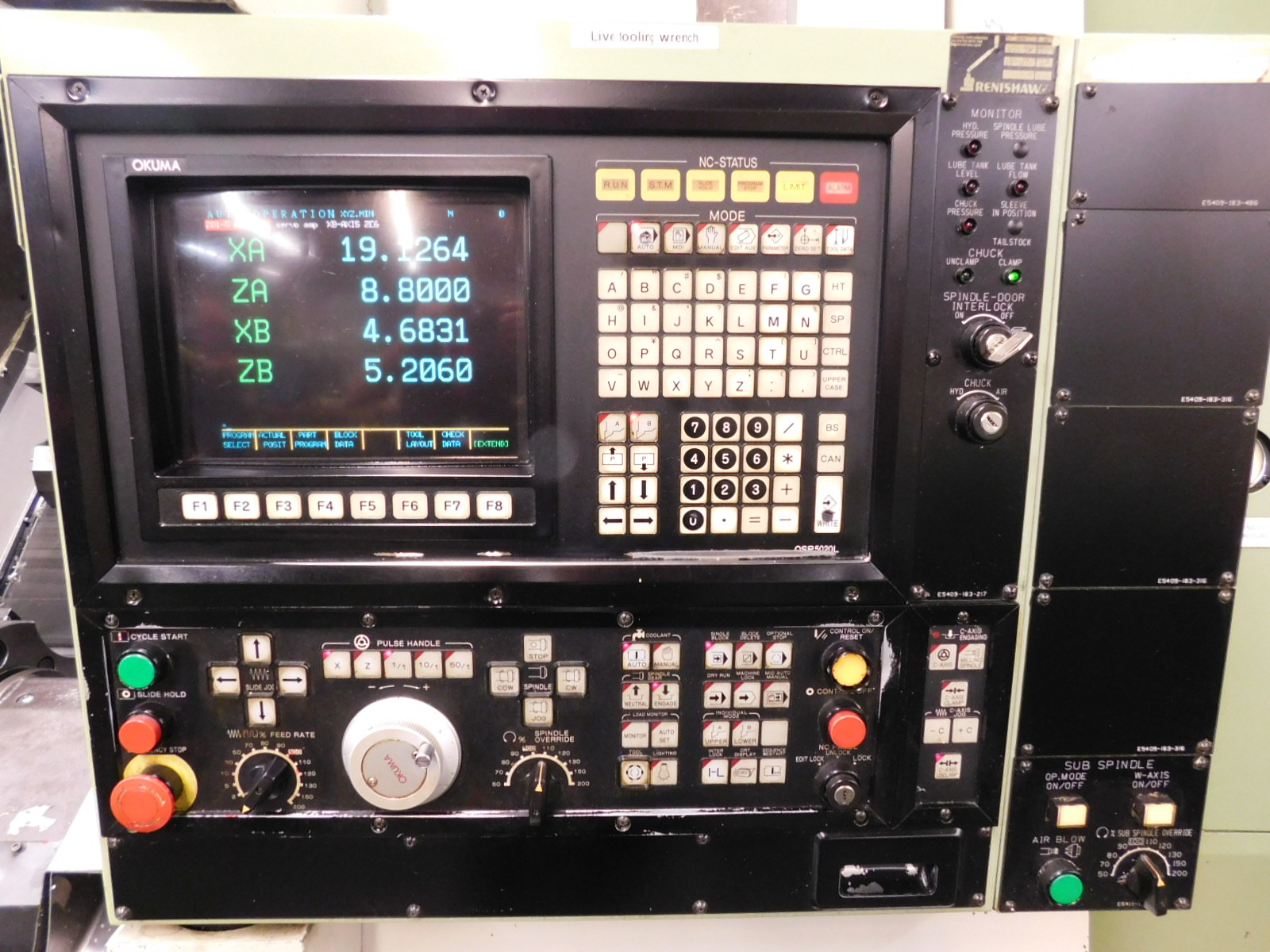 OKUMA LR 15-MW LATHE, OSP 5020L CNC CONTROL, LIVE TOOL, TWIN SPINDLE, HYDRAULIC TAILSTOCK, SUB SPINDLE, PARTS CATCHER, PARTS CONVEYOR, TURBO CHIP CONVEYOR, ROYAL MIST FILTER, METAL BIN, S/N 1798-215