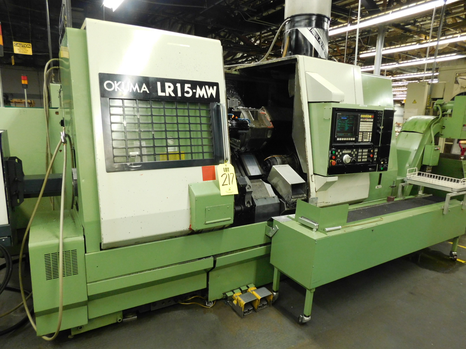 OKUMA LR 15-MW LATHE, OSP 5020L CNC CONTROL, LIVE TOOL, TWIN SPINDLE, HYDRAULIC TAILSTOCK, SUB SPINDLE, PARTS CATCHER, PARTS CONVEYOR, TURBO CHIP CONVEYOR, ROYAL MIST FILTER, METAL BIN, S/N 1780-217