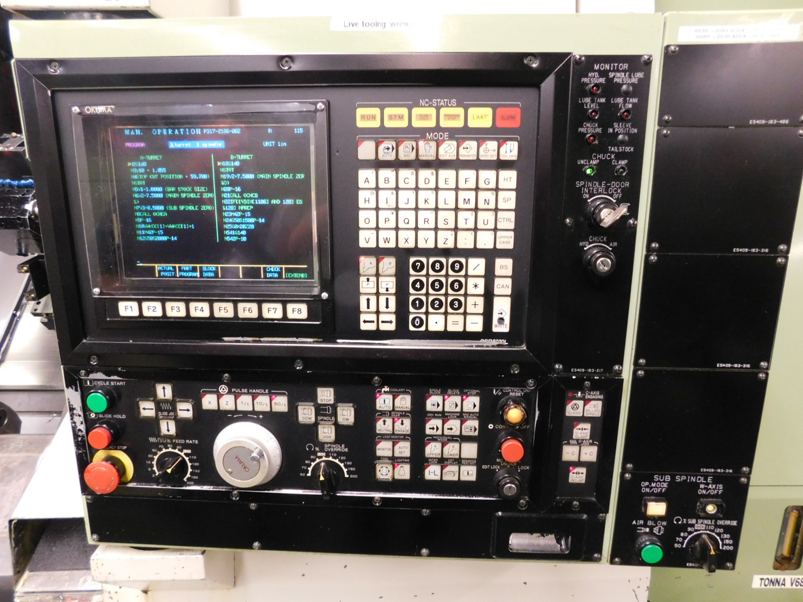 OKUMA LR 15-MW LATHE, OSP 5020L CNC CONTROL, LIVE TOOL, TWIN SPINDLE, HYDRAULIC TAILSTOCK, SUB SPINDLE, PARTS CATCHER, PARTS CONVEYOR, TURBO CHIP CONVEYOR, ROYAL MIST FILTER, METAL BIN, S/N 1780-217