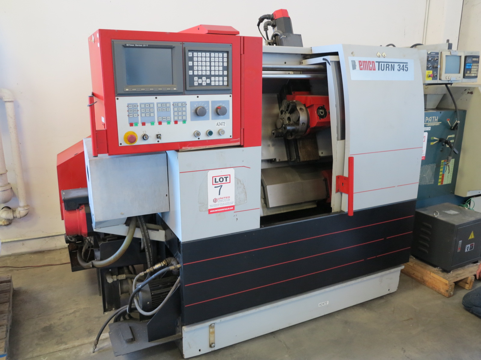 8.7" X 20.1" EMCO 345 CNC TURNING LATHE (GREAT CONDITION), FANUC 21T CNC CONTROL, 3J COLLET CHUCK, PROGRAMMABLE TAILSTOCK, BARFEED INTERFACE, COOLANT SYSTEM, SPLASH GUARDS, TRANSFORMER: INPUT 230.400.440.460, OUTPUT 400V. MACHINE IS SET UP 400V, 3 PHASE, SPINDLE NOSE 2-1/10" (LOCATION: GARVEY AVE., SOUTH EL MONTE, CA) ***RIGGING FEE $150***-7
