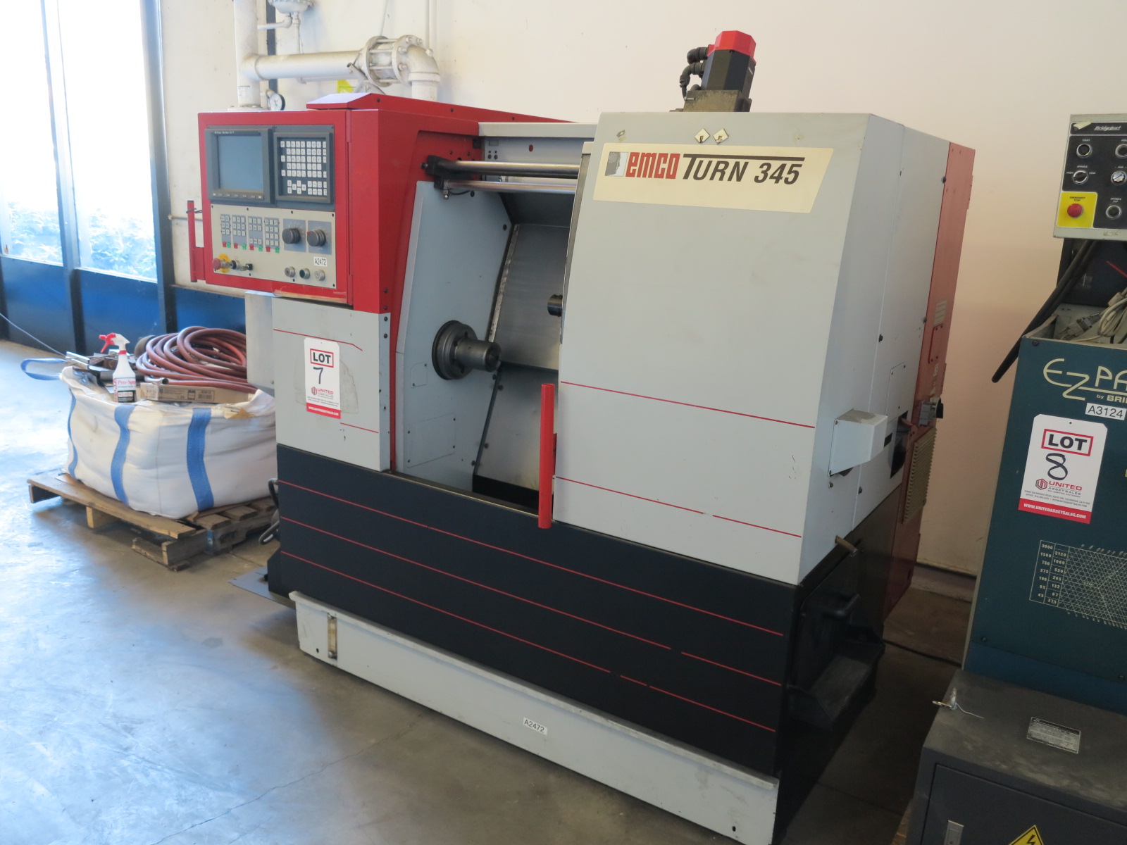 8.7" X 20.1" EMCO 345 CNC TURNING LATHE (GREAT CONDITION), FANUC 21T CNC CONTROL, 3J COLLET CHUCK, PROGRAMMABLE TAILSTOCK, BARFEED INTERFACE, COOLANT SYSTEM, SPLASH GUARDS, TRANSFORMER: INPUT 230.400.440.460, OUTPUT 400V. MACHINE IS SET UP 400V, 3 PHASE, SPINDLE NOSE 2-1/10" (LOCATION: GARVEY AVE., SOUTH EL MONTE, CA) ***RIGGING FEE $150***-7