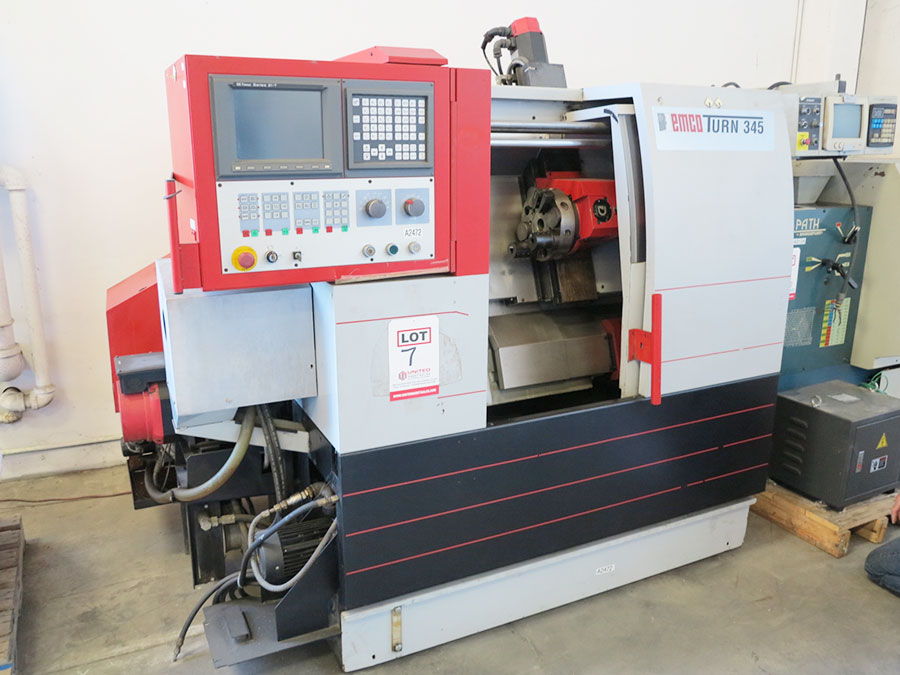 8.7" X 20.1" EMCO 345 CNC TURNING LATHE (GREAT CONDITION), FANUC 21T CNC CONTROL, 3J COLLET CHUCK, PROGRAMMABLE TAILSTOCK, BARFEED INTERFACE, COOLANT SYSTEM, SPLASH GUARDS, TRANSFORMER: INPUT 230.400.440.460, OUTPUT 400V. MACHINE IS SET UP 400V, 3 PHASE, SPINDLE NOSE 2-1/10" (LOCATION: GARVEY AVE., SOUTH EL MONTE, CA) ***RIGGING FEE $150***-7