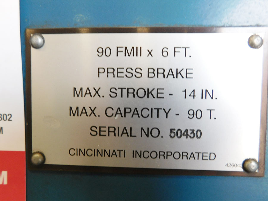 90 TON X 8' CINCINNATI FORM MASTER II CNC HYDRAULIC PRESS BRAKE (CONTROLLER IS NOT FUNCTIONAL - NEEDS WORK), MODEL 90FMIIX6, AXIS SELECTION CONTROL, 4-AXIS (2-AXIS RAM Y1, Y2 TO 0.0002" AND 2-AXIS BACKGAGE X-R), CINCINNATI FORM MASTER II, 2 AXIS CNC BACK GAUGE, ELECTRIC FOOT PEDAL, PEDESTAL PALM CONTROL W/ EMERGENCY STOP, AUTO BED CROWNING, PRESENSE SENSING GUARD ON/OFF PUSH BUTTON, EXTENDED STROKE & SHUT HEIGHT, (NEEDS NEW CONTROL) (LOCATION: GARVEY AVE., SOUTH EL MONTE, CA) ***RIGGING FEE $250***-23