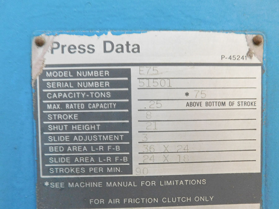 75 TON X 8" NIAGARA O.B.I. PUNCH PRESS, MODEL E-75, DUAL PALM CONTROLS, POWER RAM ADJUSTMENT, AIR COUNTER BALANCE, AUTO LUBE SYSTEM, AIR CLUTCH & BRAKE (LOCATION: GARVEY AVE., SOUTH EL MONTE, CA) ***RIGGING FEE $50***-24