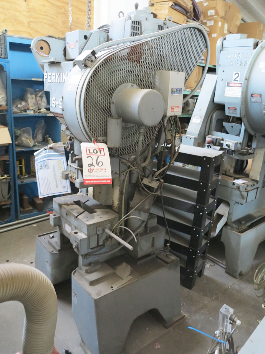 15 TON PERKINS HIGH SPEED PUNCH PRESS, MODEL 15-S, AIR CLUTCH & BRAKE, BATCH COUNTER, EMERGENCY STOP, TOP STOP, AUTO LUBE SYSTEM, SPM COUNTER, LOAD METER, INDEPENDENT CONTROL STAND, VARI SPEED DRIVE, MINUTE METER, BANNER VARIABLE SPEED CONTROL - FEEDER NOT INCLUDED (LOCATION: GARVEY AVE., SOUTH EL MONTE, CA) ***RIGGING FEE $50***-26