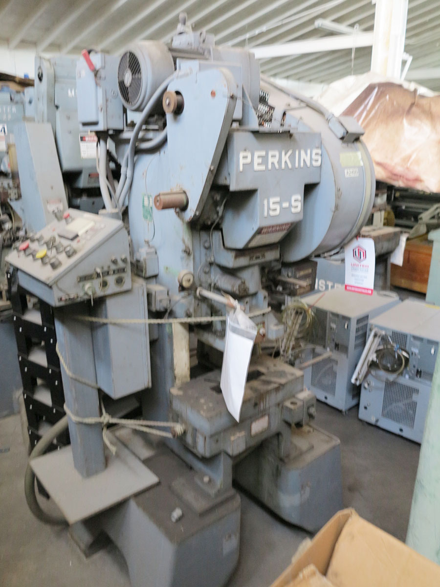 15 TON PERKINS HIGH SPEED PUNCH PRESS, MODEL 15-S, AIR CLUTCH & BRAKE, BATCH COUNTER, EMERGENCY STOP, TOP STOP, AUTO LUBE SYSTEM, SPM COUNTER, LOAD METER, INDEPENDENT CONTROL STAND, VARI SPEED DRIVE, MINUTE METER, BANNER VARIABLE SPEED CONTROL - FEEDER NOT INCLUDED (LOCATION: GARVEY AVE., SOUTH EL MONTE, CA) ***RIGGING FEE $50***-26