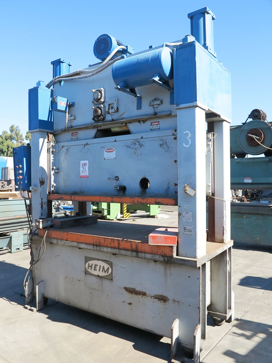 150 TON X 4" HEIM STRAIGHT SIDE DOUBLE CRANK AIR CLUTCH, MODEL S-150, POWER RAM ADJUSTMENT W/ INDICATOR, MAGNETIC STARTER, AUTOMATIC LUBRICATION, OPERATOR STATION W/ PALM BUTTON: INCH, SINGLE, CONTINOUS, START, STOP, AIR CLUTCH & BRAKE, BOLSTER PLATES, (2) AIR COUNTER BALANCES, AIR GAUGES, HOSES AND FILTERS (LOCATION: GARVEY AVE., SOUTH EL MONTE, CA) ***RIGGING FEE $250***-31