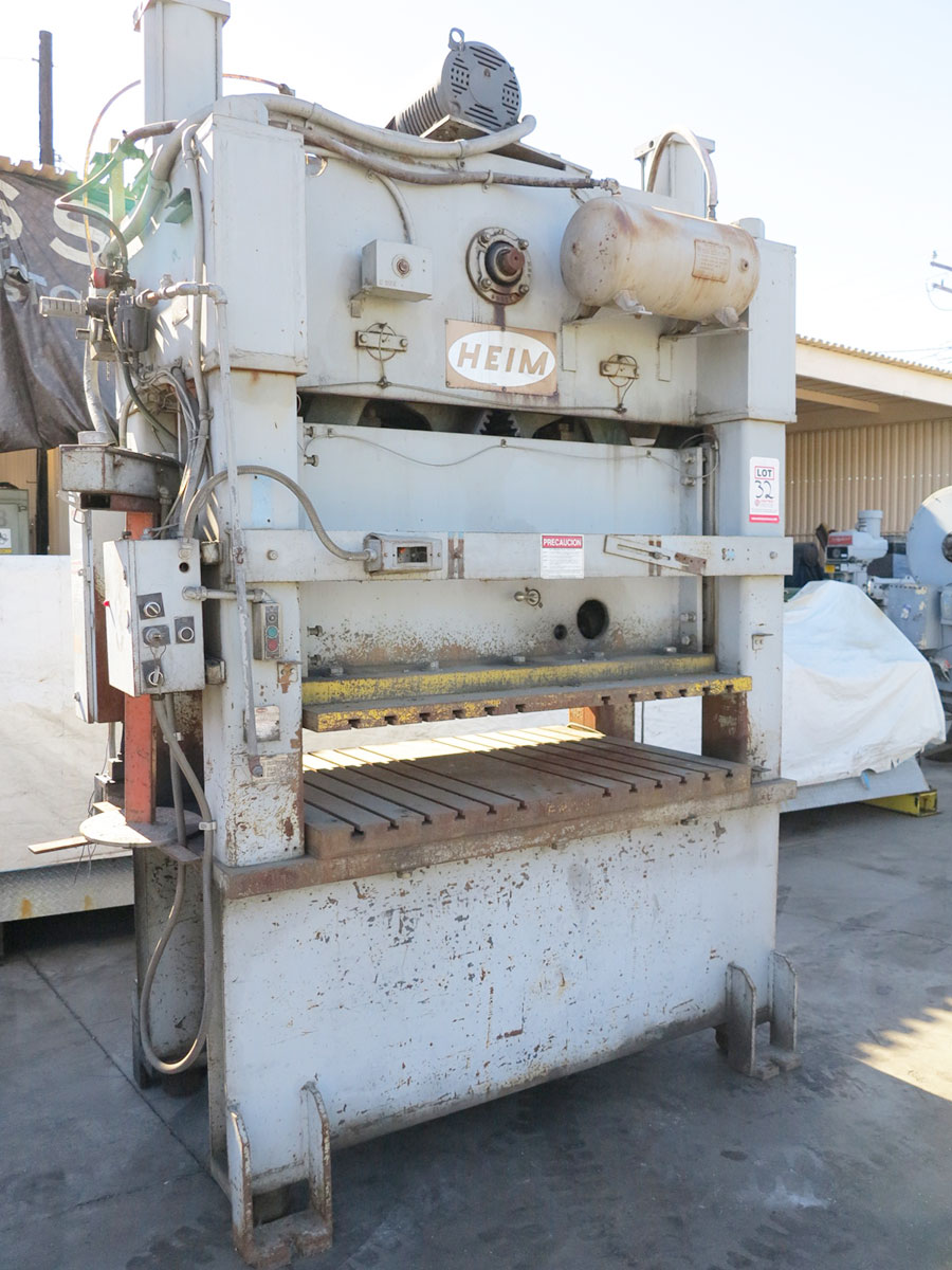 150 TON X 4" HEIM STRAIGHT SIDE PUNCH PRESS, MODEL S150, 42" X 60" T-SLOTTED PLATE, INCH-SINGLE-CONTINOUS SETTING, DUAL PALM STATION, AIR CLUTCH & BRAKE, MOTORIZIED RAM ADJUSTMENT, DUAL COUNTER BALANCE, SURGE TANK, AUTO LUBE, TOP STOP, HORSEPOWER: 15 (LOCATION: GARVEY AVE., SOUTH EL MONTE, CA) ***RIGGING FEE $250***-32