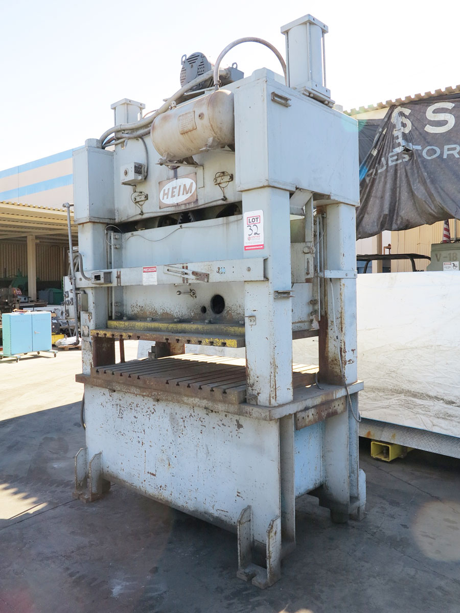 150 TON X 4" HEIM STRAIGHT SIDE PUNCH PRESS, MODEL S150, 42" X 60" T-SLOTTED PLATE, INCH-SINGLE-CONTINOUS SETTING, DUAL PALM STATION, AIR CLUTCH & BRAKE, MOTORIZIED RAM ADJUSTMENT, DUAL COUNTER BALANCE, SURGE TANK, AUTO LUBE, TOP STOP, HORSEPOWER: 15 (LOCATION: GARVEY AVE., SOUTH EL MONTE, CA) ***RIGGING FEE $250***-32