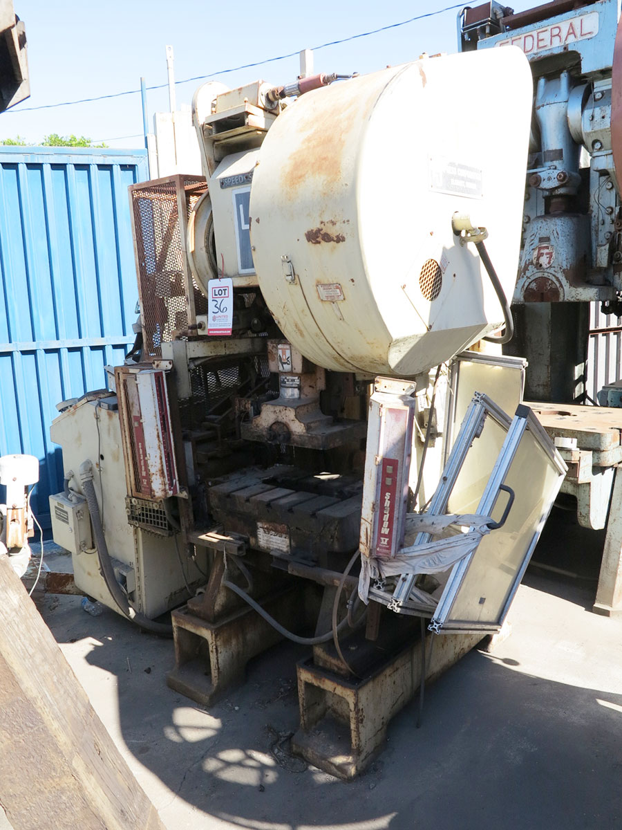 45 TON X 1" L & J OBI HIGH SPEED PRESS, MODEL 45HS, WINTRISS SOLID STATE DIGITAL CONTROL W/ LOAD ANALYZER, PETERSON MODEL 104HS MECHANICAL ROLL FEEDER (12"), HP 5, AIR CLUTCH & BRAKE, SHADOW V LIGHT CURTAIN, AUTO LUBE SYSTEM, DUAL PALM CONTROL (LOCATION: GARVEY AVE., SOUTH EL MONTE, CA) ***RIGGING FEE $25***-36