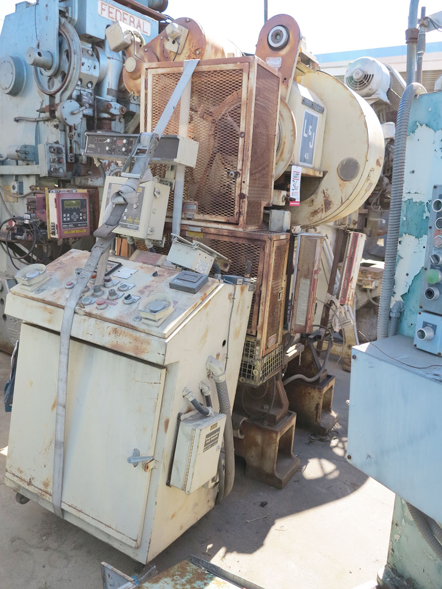 45 TON X 1" L & J OBI HIGH SPEED PRESS, MODEL 45HS, WINTRISS SOLID STATE DIGITAL CONTROL W/ LOAD ANALYZER, PETERSON MODEL 104HS MECHANICAL ROLL FEEDER (12"), HP 5, AIR CLUTCH & BRAKE, SHADOW V LIGHT CURTAIN, AUTO LUBE SYSTEM, DUAL PALM CONTROL (LOCATION: GARVEY AVE., SOUTH EL MONTE, CA) ***RIGGING FEE $25***-36
