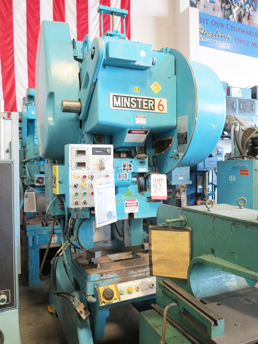 60 TON X 5" MINSTER OBI DOUBLE GEARED HEAD PUNCH PRESS, MODEL #6, DUAL PALM CONTROL W/ E-STOP, HELM LOADGARD TONNAGE MONITOR, INCH/SINGLE/CONTINUOUS MODES, HILMA CLAMPING SYSTEM FOR BED AND SLIDE, AIR & CLUTCH BRAKE, STROKE COUNTER, FORWARD & REVERSE MOTOR CONTROL (LOCATION: GARVEY AVE., SOUTH EL MONTE, CA) ***RIGGING FEE $250***-43