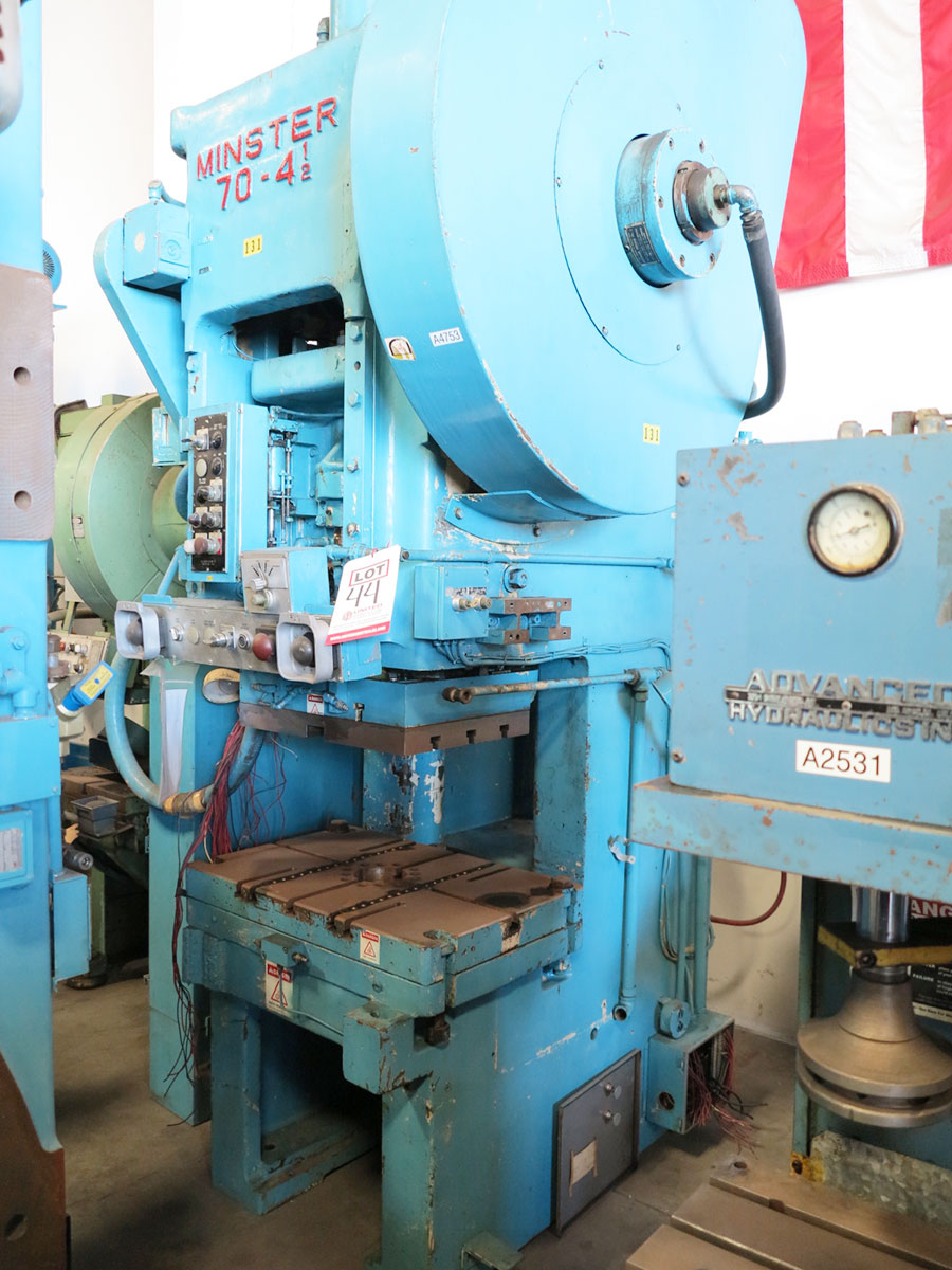 75 TON X 5" MINSTER OBS PUNCH PRESS, MODEL 70-4-1/2, BOLSTER PLATE W/ BALL TRANSFERS, DUAL PALM CONTROL MOUNTED ON RAM, BIJUR LUBRICATION SYSTEM, WORK LIGHTS, OPERATOR PUSH BUTTON CONTROL ON RAM, AIR CLUTCH & BRAKE, MINSTER CLUTCH CONTROL (LOCATION: GARVEY AVE., SOUTH EL MONTE, CA) ***RIGGING FEE $250***-44