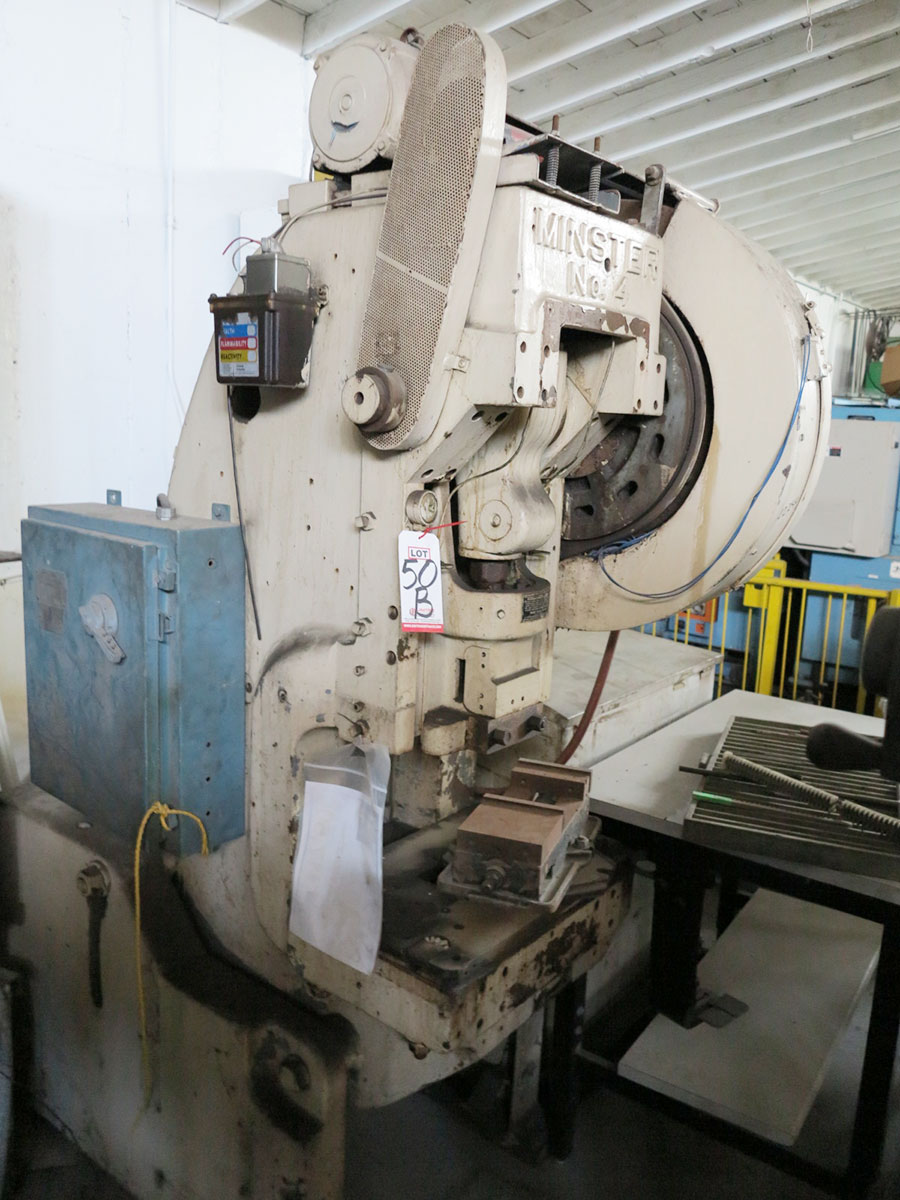 32 TON X 4" MINSTER OBI PUNCH PRESS, MODEL #4, AIR CLUTCH & BRAKE, 24" X 15" X 2 1/2" BOLSTER PLATE, DUAL PALM CONTROL, FOOT PEDAL, AUTO LUBE, TOP STOP, EMERGENCY STOP, FOOT PADS, SURGE TANK (LOCATION: RUSH ST., SOUTH EL MONTE, CA) ***RIGGING FEE $50***-50B
