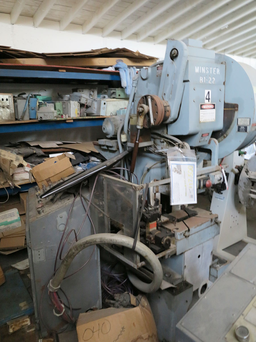 22 TON MINSTER HIGH SPEED PUNCH PRESS, MODEL B1-22, AIR CLUTCH & BRAKE, PETERSON ROLL FEED, DURANT BATCH COUNTER, EMERGENCY STOP, TOP STOP, AUTO LUBE SYSTEM, SPM COUNTER, LOAD METER, INDEPENDENT CONTROL STAND (LOCATION: RUSH ST., SOUTH EL MONTE, CA) ***RIGGING FEE $50***-50C