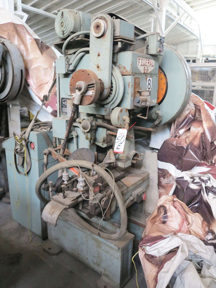 22 TON X 1" FEDERAL HIGH SPEED PUNCH PRESS, MODEL 22, 35 - 600 SPM, 20" X 12" BED, AIR CLUTCH & BRAKE, PARTS COUNTER, ROSS AIR VALVE, INDEPENDENT CONTROL STAND, SPM COUNTER, OIL PRESSURE GAUGE, AUTO LUBE SYSTEM, PETERSON ROLL FEED MODEL DDR32XH, EMERGENCY STOP (LOCATION: RUSH ST., SOUTH EL MONTE, CA) ***RIGGING FEE $50***-50E