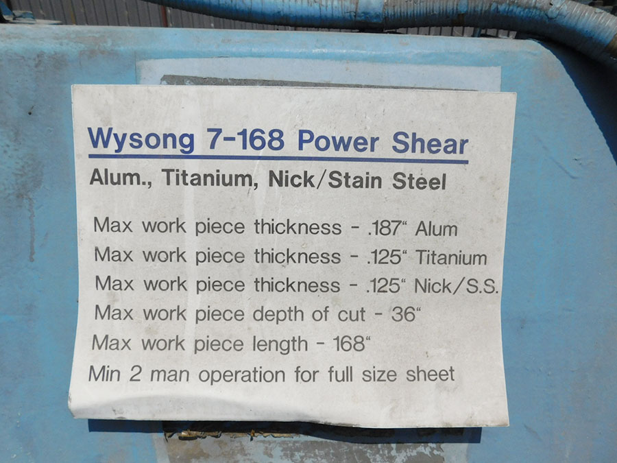 3/16" X 14' WYSONG HEAVY DUTY MECHANICAL SHEAR, MODEL 7-168, (3) FRONT SUPPORTS, FOOT TREADLE, OVER HEAD SHEAR LINE LIGHT, FRONT OPERATED POWER BACK GUAGE (LOCATION: GARVEY AVE., SOUTH EL MONTE, CA) ***RIGGING FEE $250***-51