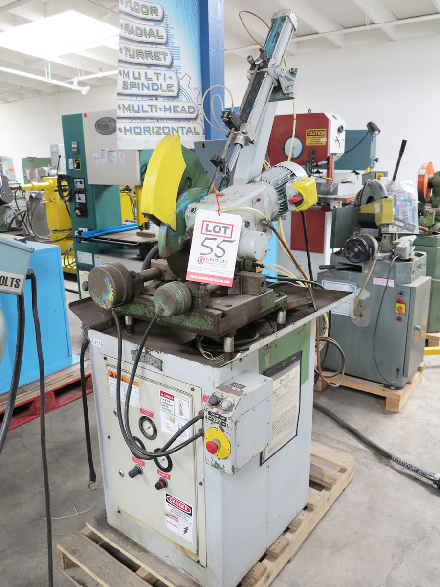12" BROBO SEMI-AUTOMATIC HEAVY DUTY COLDSAW, MODEL S.A.315D, HYDRO-PNEUMATIC POWER FEED SYSTEM, HEAVY DUTY PNEUMATIC VISE, COOLANT TANK AND PUMP, CONTROL SYSTEM, FEED ROLLER ATTACHMENT, FEED RATE ADJUSTMENT, GEAR BOX, TRAVERSE DISTANCE & DEPTH OF CUT ADJUSTMENT, STAND (LOCATION: RUSH ST., SOUTH EL MONTE, CA) ***RIGGING FEE $25***-55