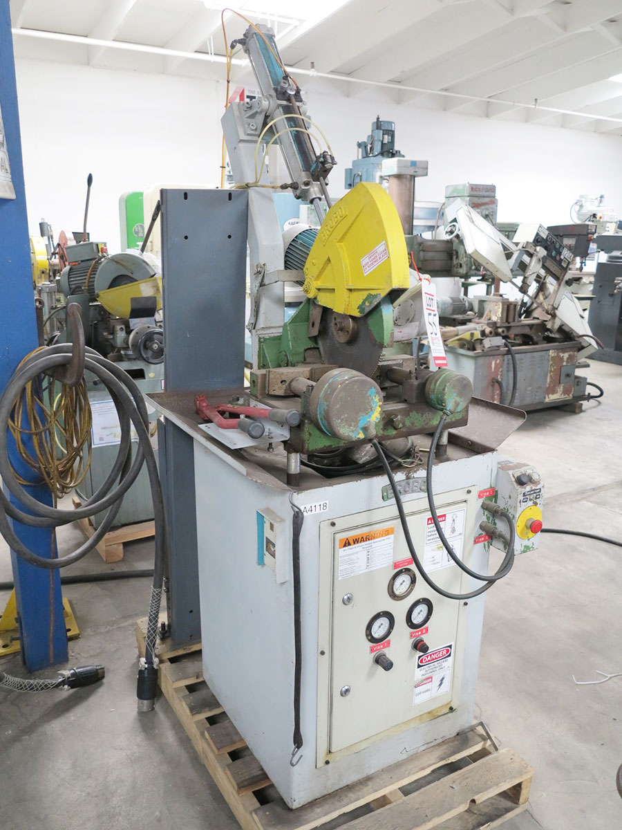12" BROBO SEMI-AUTOMATIC HEAVY DUTY COLDSAW, MODEL S.A.315D, HYDRO-PNEUMATIC POWER FEED SYSTEM, HEAVY DUTY PNEUMATIC VISE, COOLANT TANK AND PUMP, CONTROL SYSTEM, FEED ROLLER ATTACHMENT, FEED RATE ADJUSTMENT, GEAR BOX, TRAVERSE DISTANCE & DEPTH OF CUT ADJUSTMENT, STAND (LOCATION: RUSH ST., SOUTH EL MONTE, CA) ***RIGGING FEE $25***-55