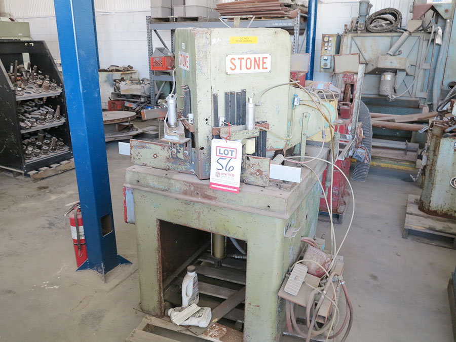 12" STONE DOUBLE MITER SAW, MODEL DM14, MITER ONLY, PNEUMATIC HOLDDOWNS, (2) FOOT PEDALS (LOCATION: RUSH ST., SOUTH EL MONTE, CA) ***RIGGING FEE $10***-56