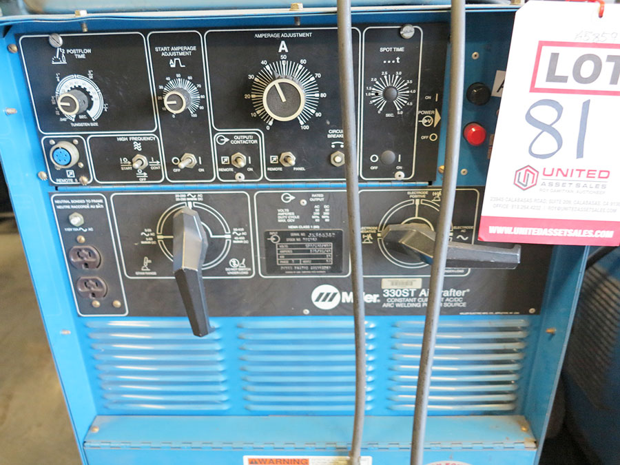 300 AMP MILLER WELDER AC/DC TIG WELDER W/ COOLER (FOR ALUMINUM), MODEL 330ST AIRCRAFTER/ JK566342, FOOT PEDAL, BERNARD COOLER, TORCH, CASTERS (LOCATION: GARVEY AVE., SOUTH EL MONTE, CA)-81