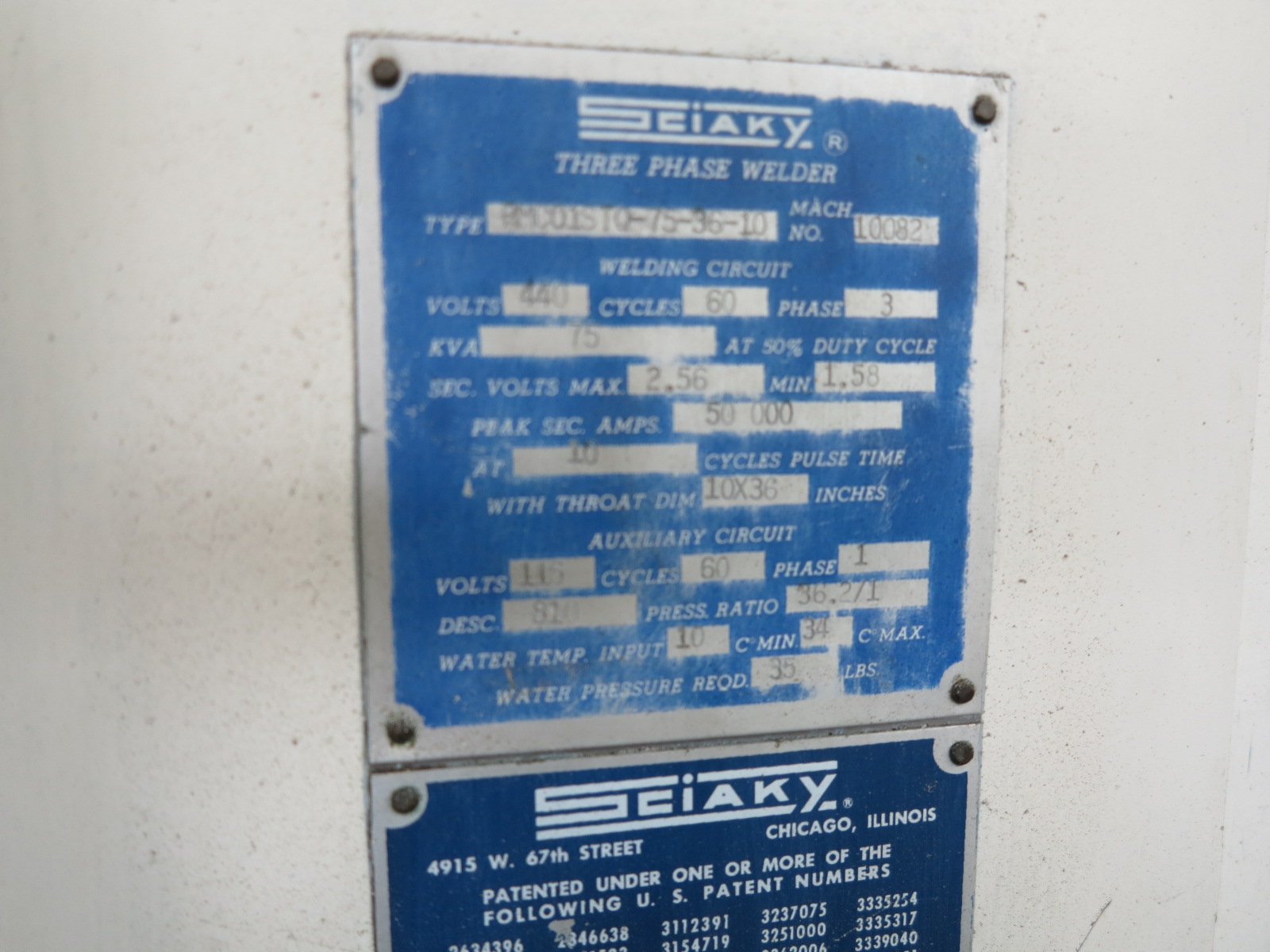 75 KVA SCIAKY SPOT WELDER (PRESS TYPE), MODEL RMC01STQ-75-36-10, FOOT PEDAL,SCIAKY SOLID STATE CONTROL SYSTEM (LOCATION: GARVEY AVE., SOUTH EL MONTE, CA) ***RIGGING FEE $50***-81A