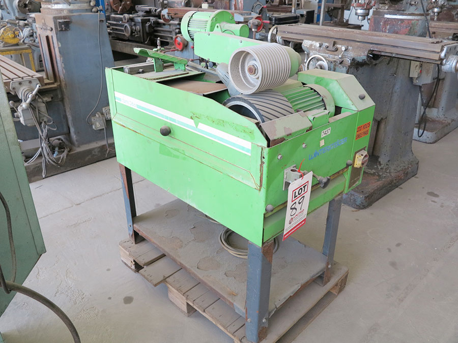 6" WINTERSTEIGER HORIZONTAL WET BELT SKATEBOARD & SKI SANDER W/ ABRASIVE WHEEL, MODEL CEM360, POWERED MATERIAL HOLD DOWN PUSHER, SPRAY DOWN HOSE & NOZZLE, COOLANT SYSTEM, FOOT PEDAL, NOTE: THIS WAS BEING TO SAND SKATEBOARDS (LOCATION: RUSH ST., SOUTH EL MONTE, CA) ***RIGGING FEE $10***-89