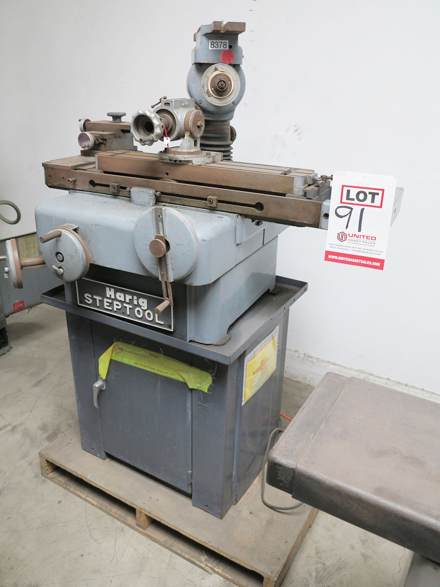 8" X 22" HARIG STEP TOOL AND CUTTER GRINDER, MODEL STEPTOOL, MOTOR DRIVEN WORK HEAD, W/ 5C NOSE, SENSITIVE WORKHEAD, GRINDING WHEELS, NOTE: SINGLE PHASE, 1 H.P MOTOR (LOCATION: RUSH ST., SOUTH EL MONTE, CA) ***RIGGING FEE $100***-91