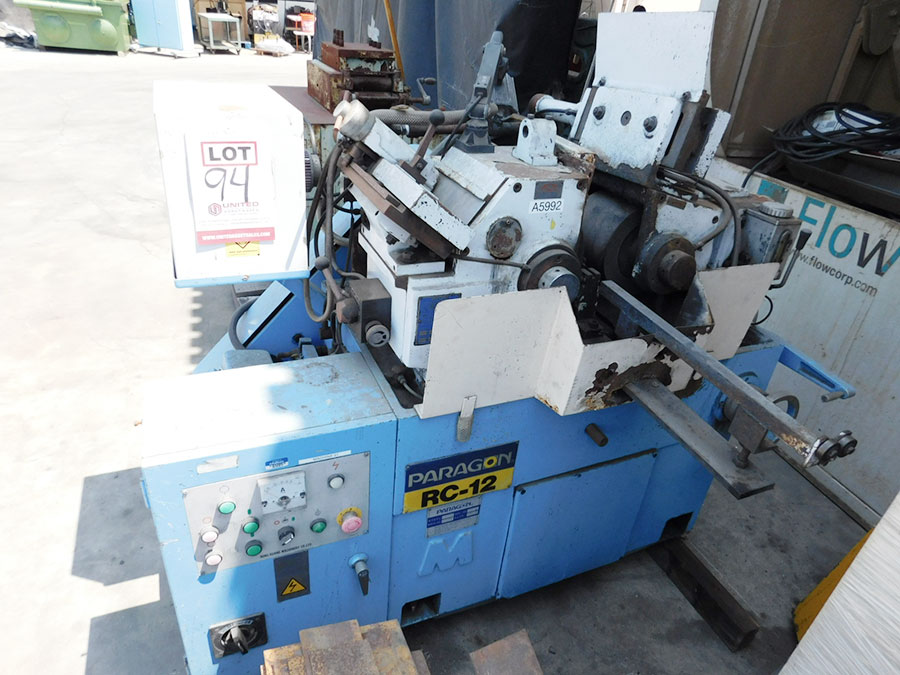 0.04" TO 1.58" PARAGON CENTERLESS GRINDER (NEEDS PUMP), MODEL RC-12, GRINDING WHEEL W/ FLANGE, COOLANT SYSTEM, DIAMOND DRESSER, REGULATING WHEEL W/ FLANGE, PUMP NOT INCLUDED, YEAR 1997 (LOCATION: RUSH ST., SOUTH EL MONTE, CA) ***RIGGING FEE $50***-94