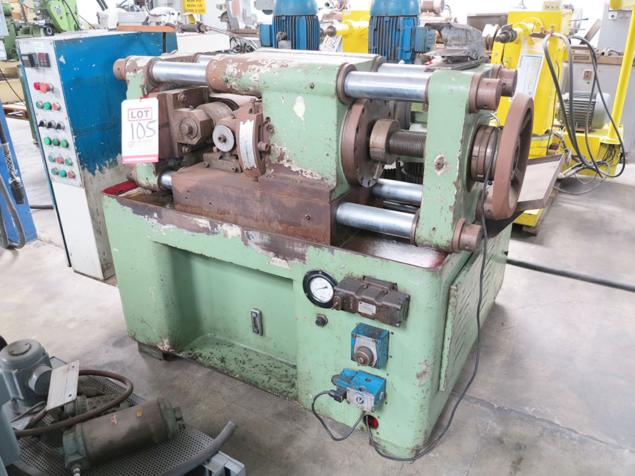 2" BURGELU TWO THREAD ROLLING CYLINDRICAL DIE THREAD ROLLING MACHINE FOR THREAD ROLLING, SPLINES, KNURLS AND MORE., MODEL HK-25, FOOT PEDAL, COOLANT SYSTEM, SOME TOOLING INCLUDED (LOCATION: RUSH ST., SOUTH EL MONTE, CA) ***RIGGING FEE $50***-105