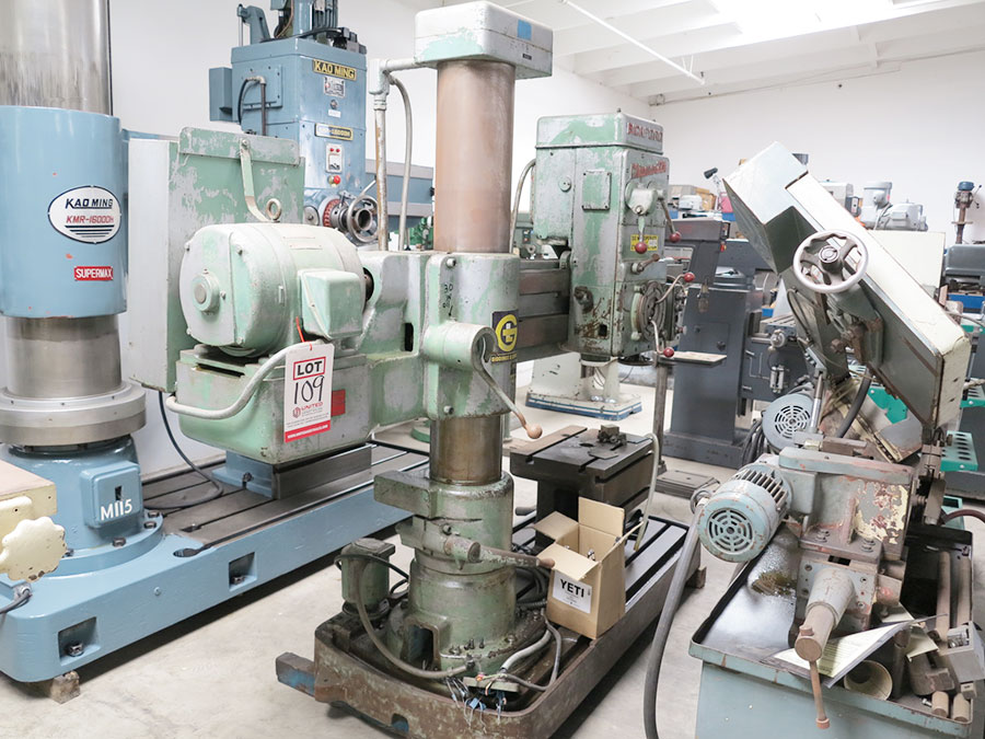 4' X 11" GIDDINGS & LEWIS CHIPMASTER RADIAL ARM DRILL, MODEL BICKFORD CHIPMASTER, POWER ARM ELEVATION, COOLANT SYSTEM, BOX TABLE (LOCATION: RUSH ST., SOUTH EL MONTE, CA) ***RIGGING FEE $50***-109