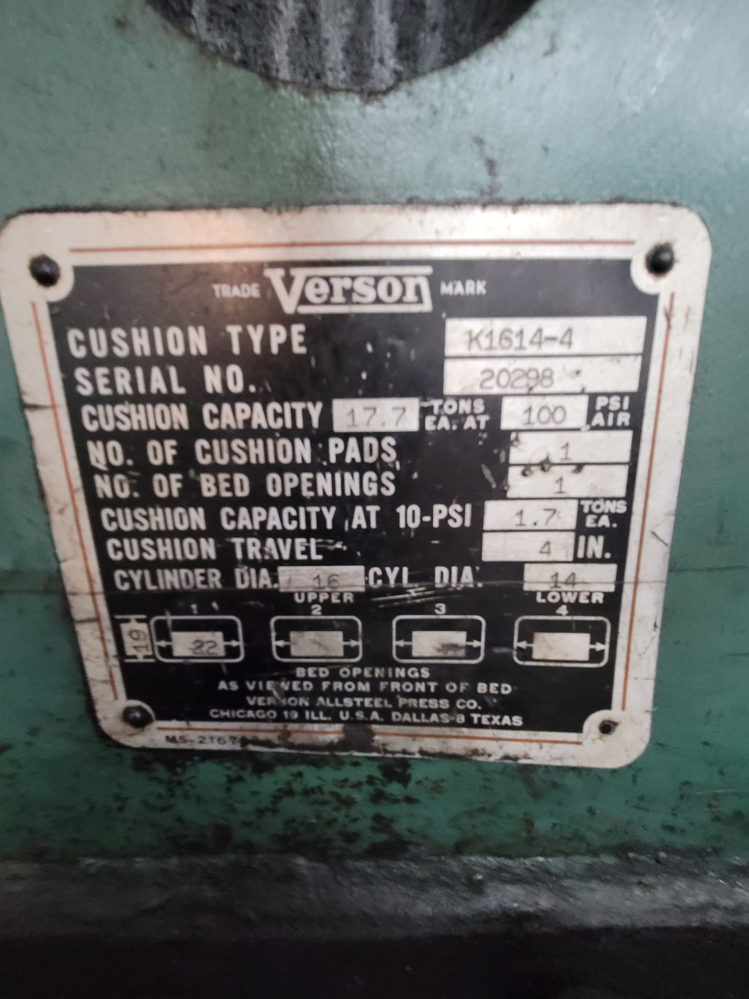VERSON MODEL 7-1/2 PUNCH PRESS, OBG 105 TON X 8" STROKE, 18" SHUT HEIGHT, 39" X 30" BED, 35 SPM, S/N 19907, CUSHION TYPE K1614-4, S/N 20298, 17.7 TONS @100PSI-2