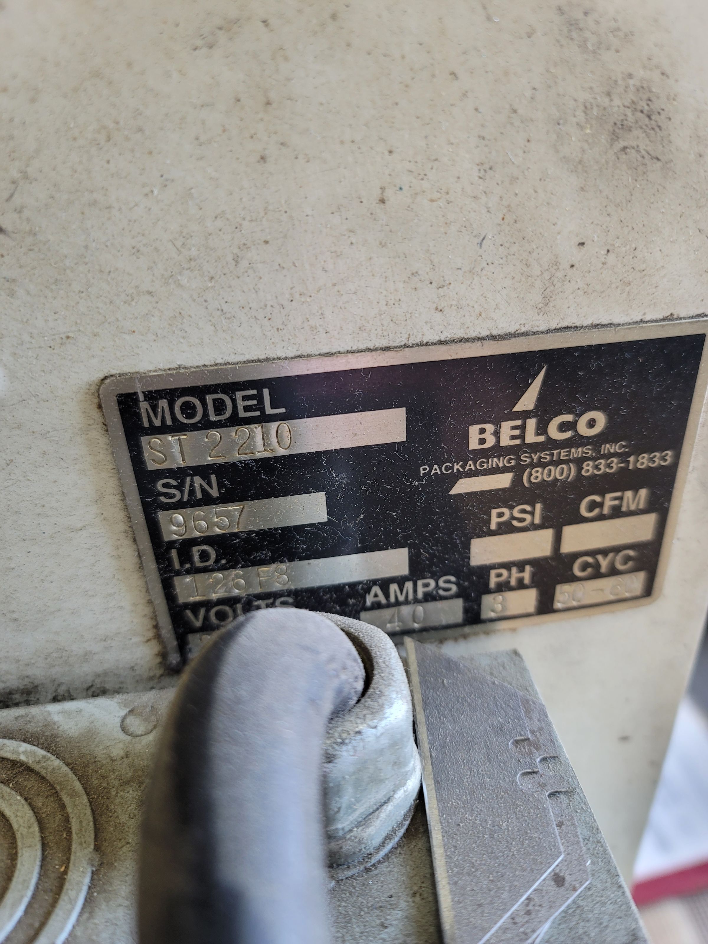 BELCO PACKAGING SYSTEMS RECIRCULATING HEAT SHRINK AIR TUNNEL, MODEL ST2210, 240V/3-PHASE, 20" WIDE NET CONVEYOR, ON CASTERS, S/N 9657-28