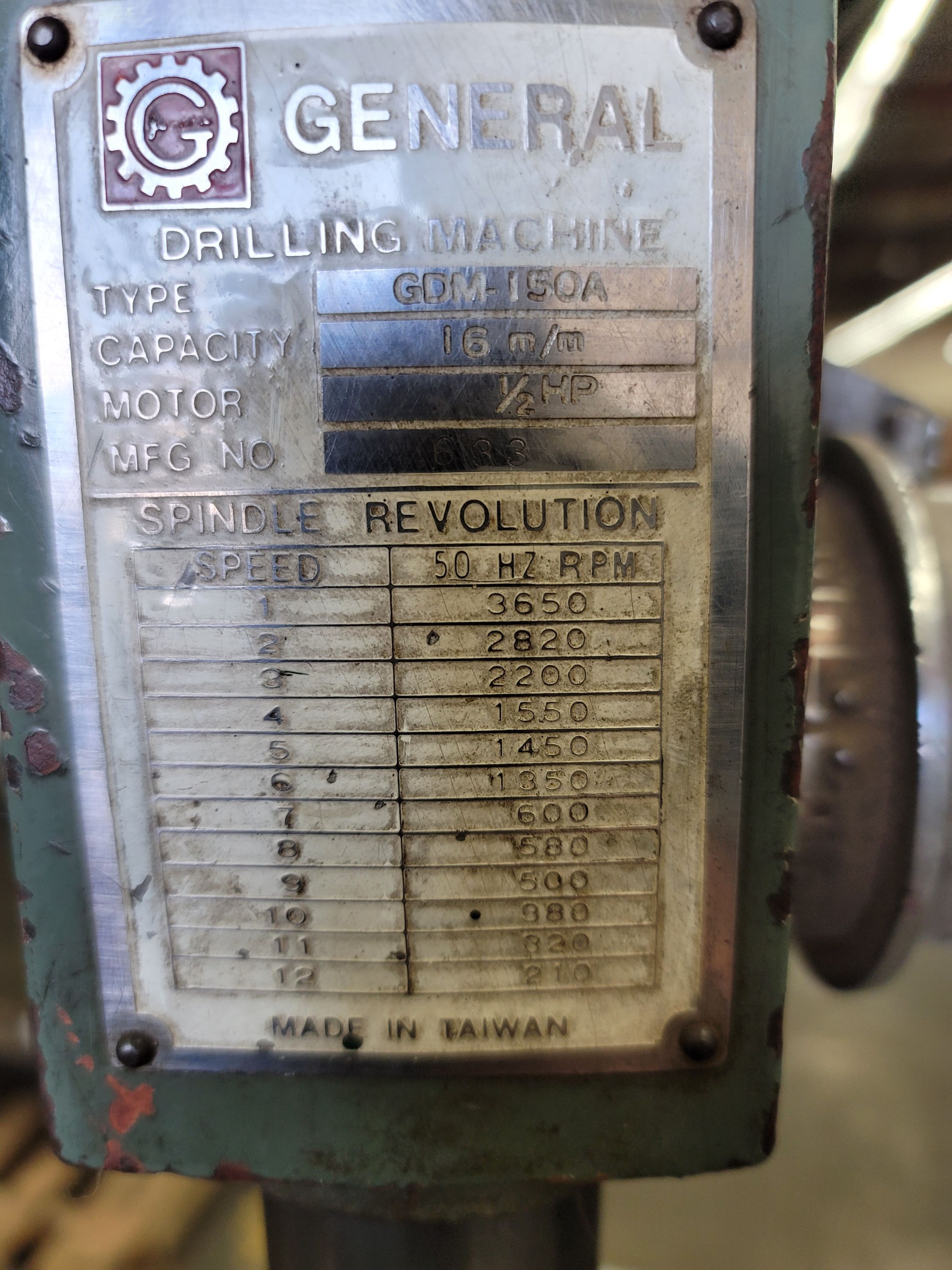 GENERAL 14" DRILL PRESS, FLOOR MODEL, 1/2 HP, S/N 633-30A