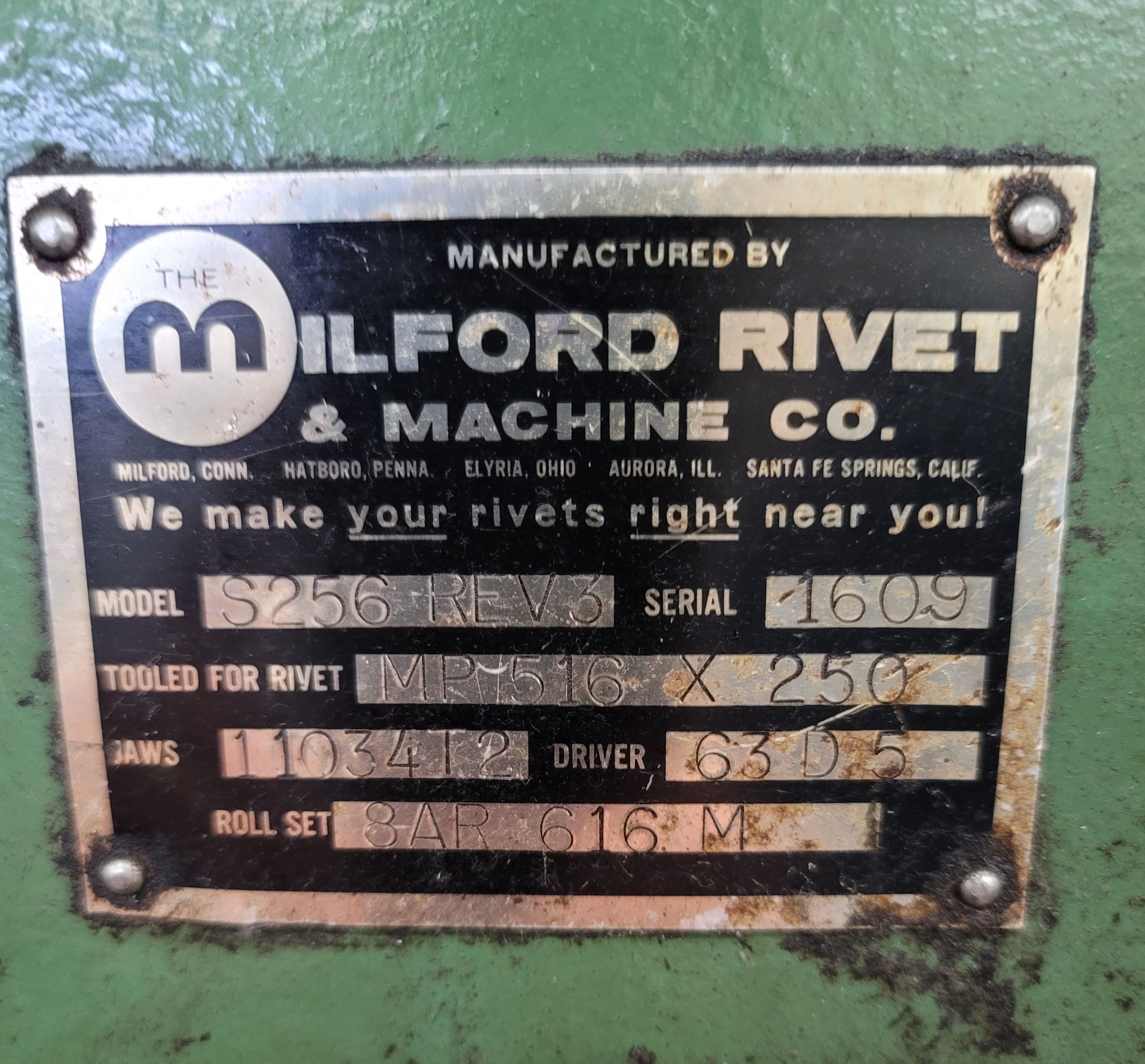 MILFORD RIVET MACHINE, MODEL S256-REV3, S/N 1609-44