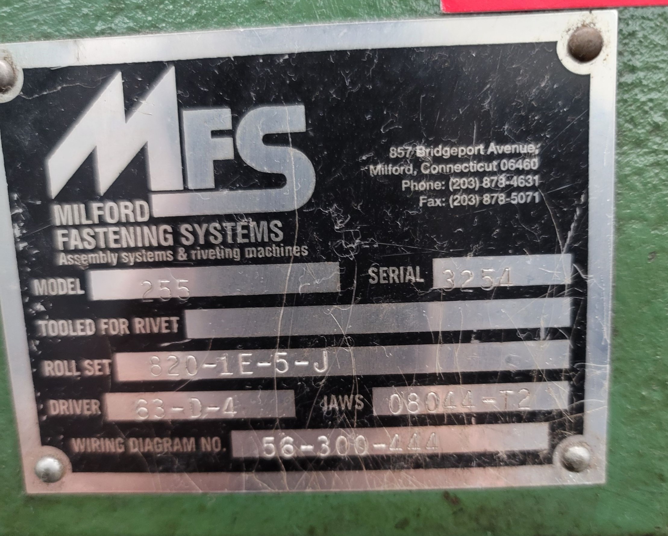 MILFORD FASTENING SYSTEMS RIVET MACHINE, MODEL 255, S/N 3254-45