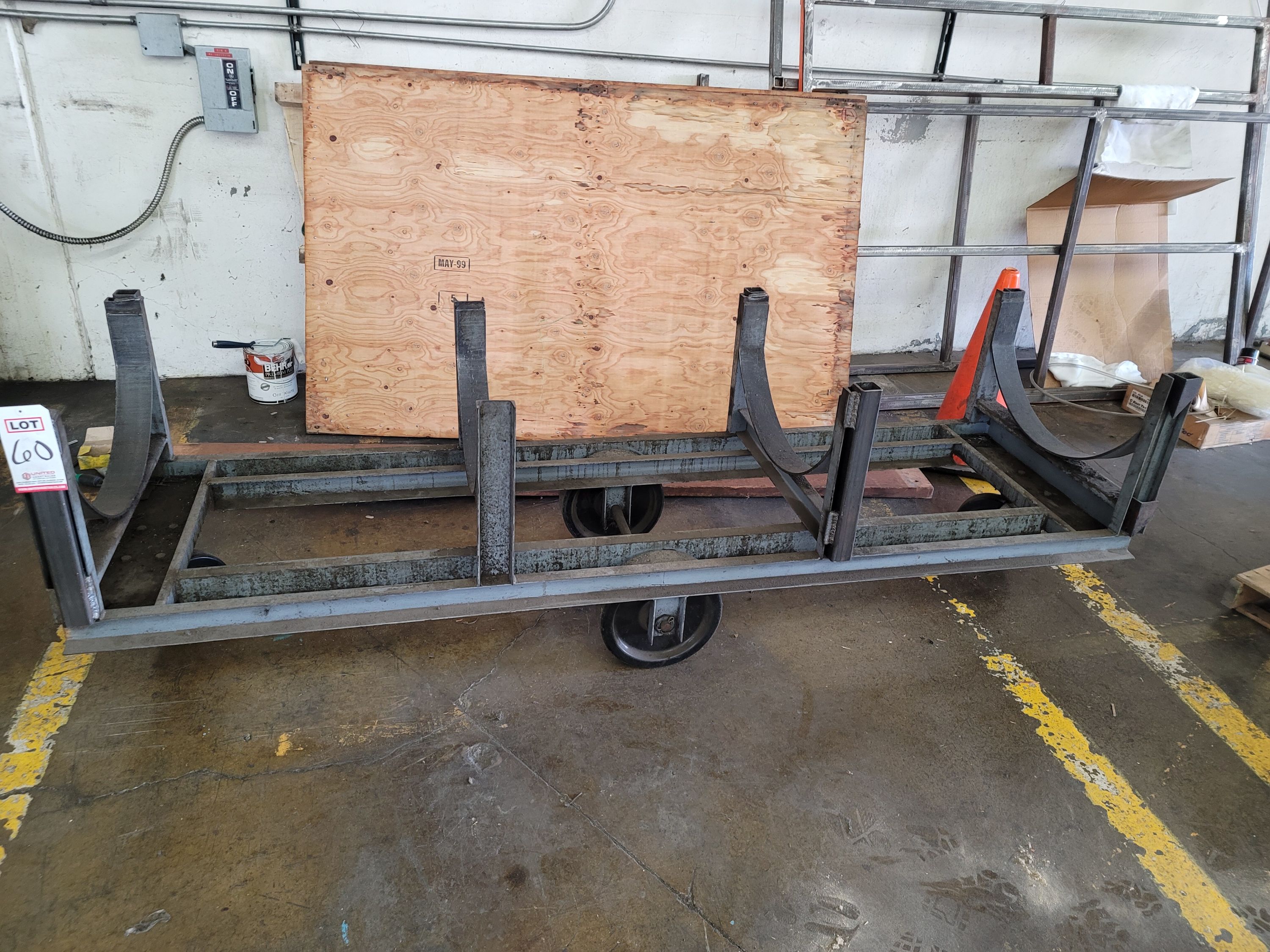 HEAVY DUTY MATERIAL CART, CENTER WHEELS TURNS EITHER END, 8' X 29", ARCHED BAY KEEPS PIPES OR RODS CENTERED-60