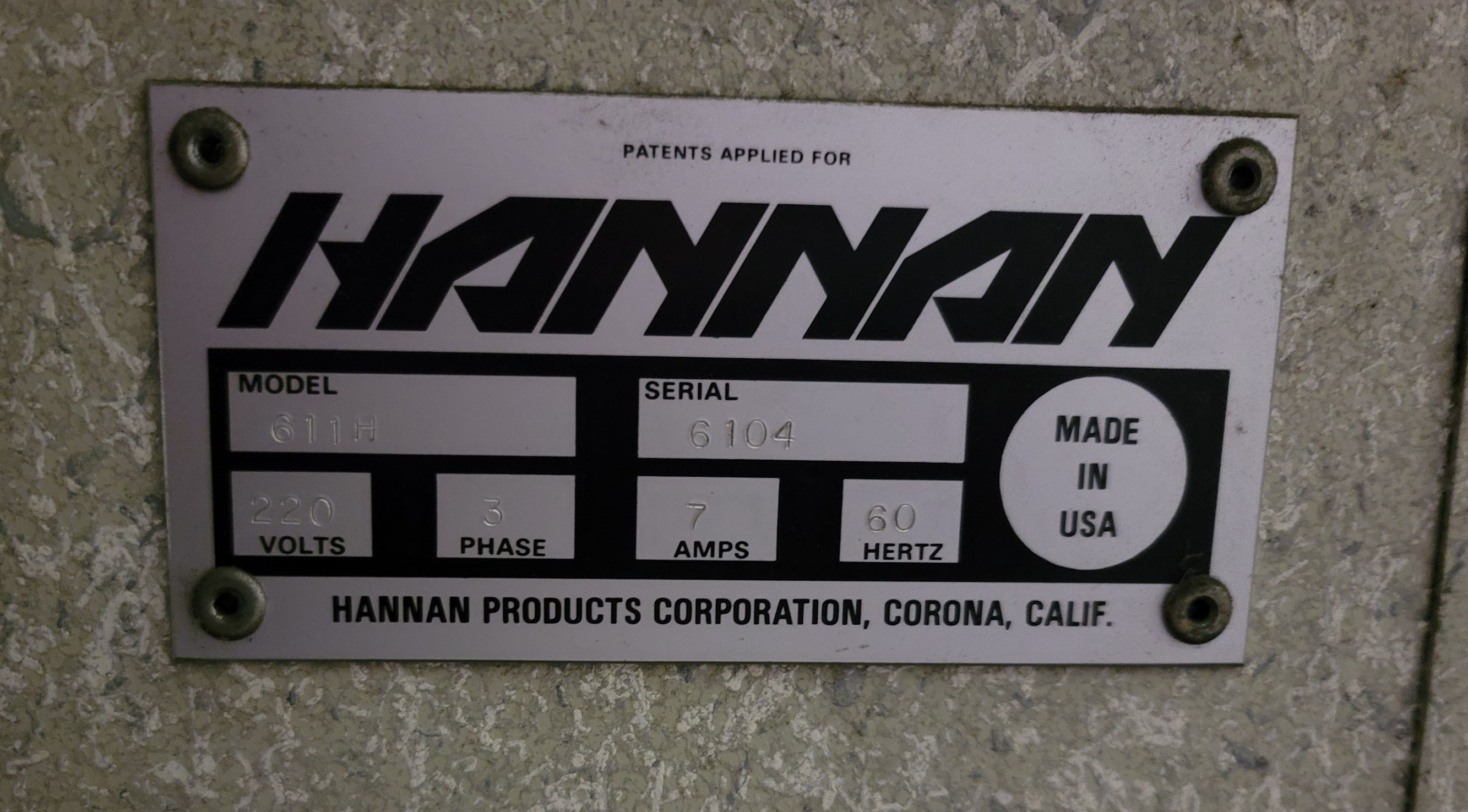 HANNAN DIE CUTTING MACHINE, MODEL 611H, 24" X 36" MATERIAL SIZE, MAX PRODUCT HEIGHT IS 4", DIE BOARD SIZE: 25.5" X 39", S/N 6104-89