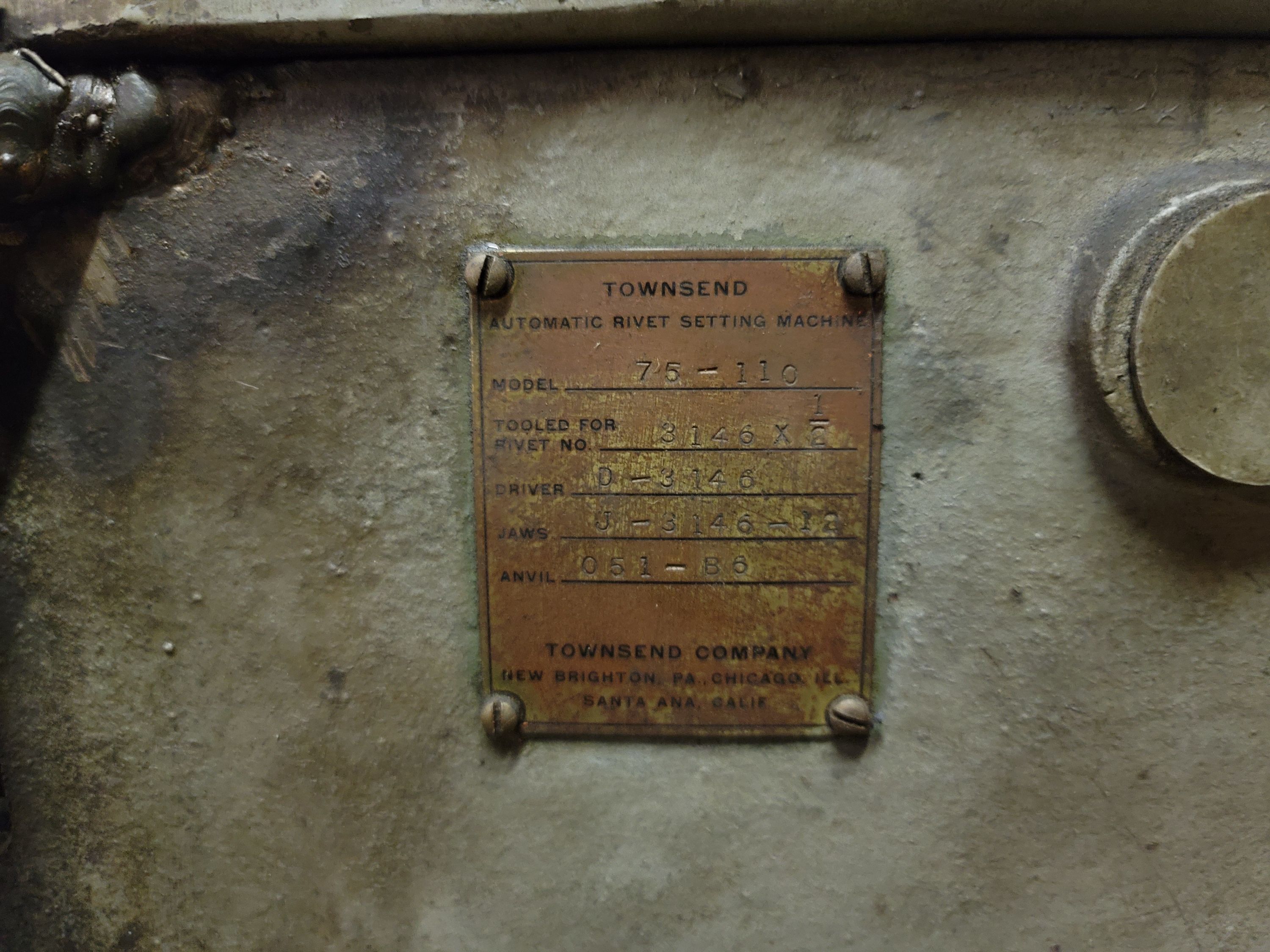 TOWNSEND RIVET SETTING MACHINE, MODEL 75-110-102