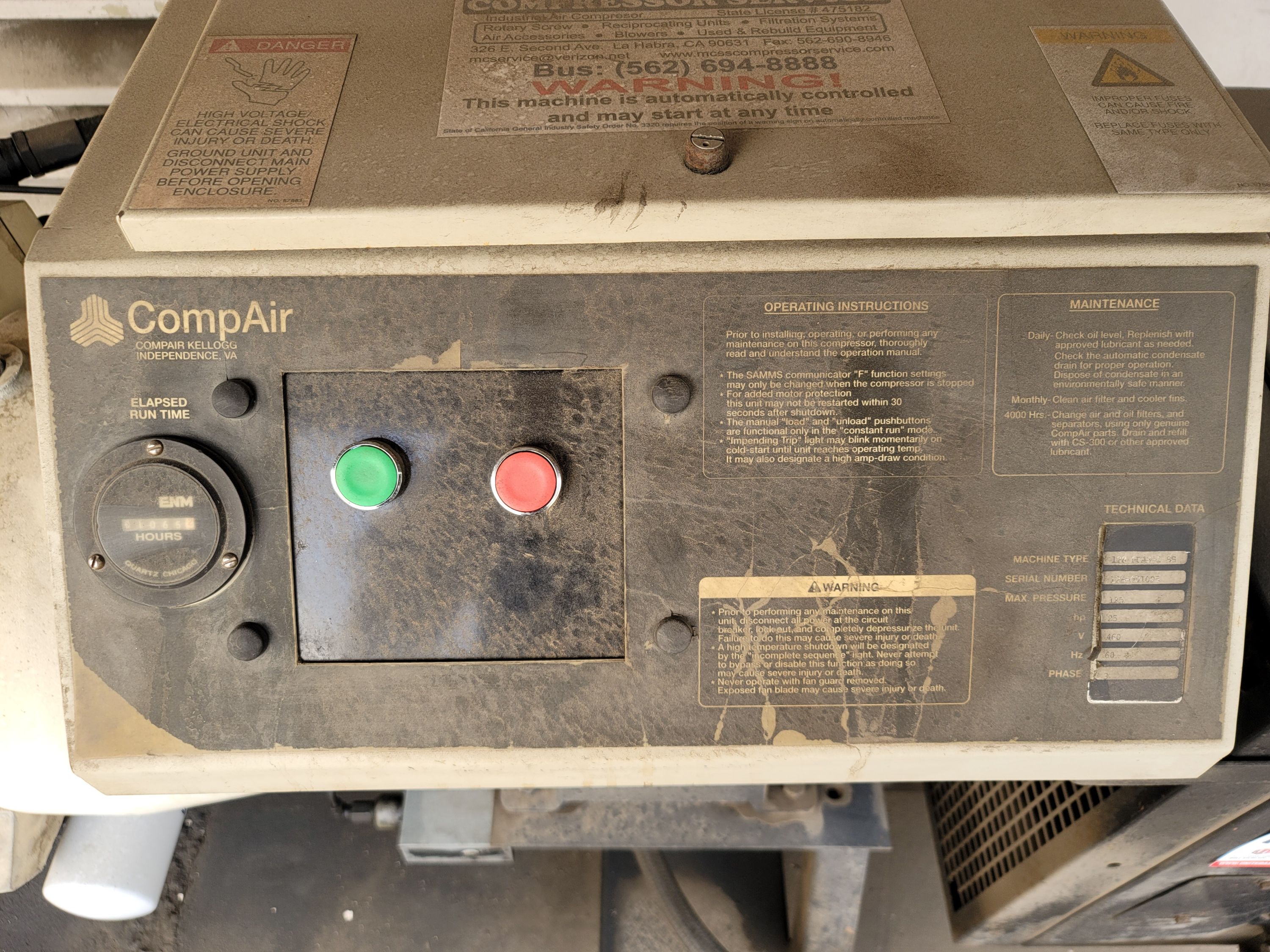 HYDROVANE 128/COMP AIR-KELLOGG AIR COMPRESSOR, 25 HP, MODEL 128 PUAS-1 SS, 125 PSI MAX PRESSURE, 81,065 HOURS-122