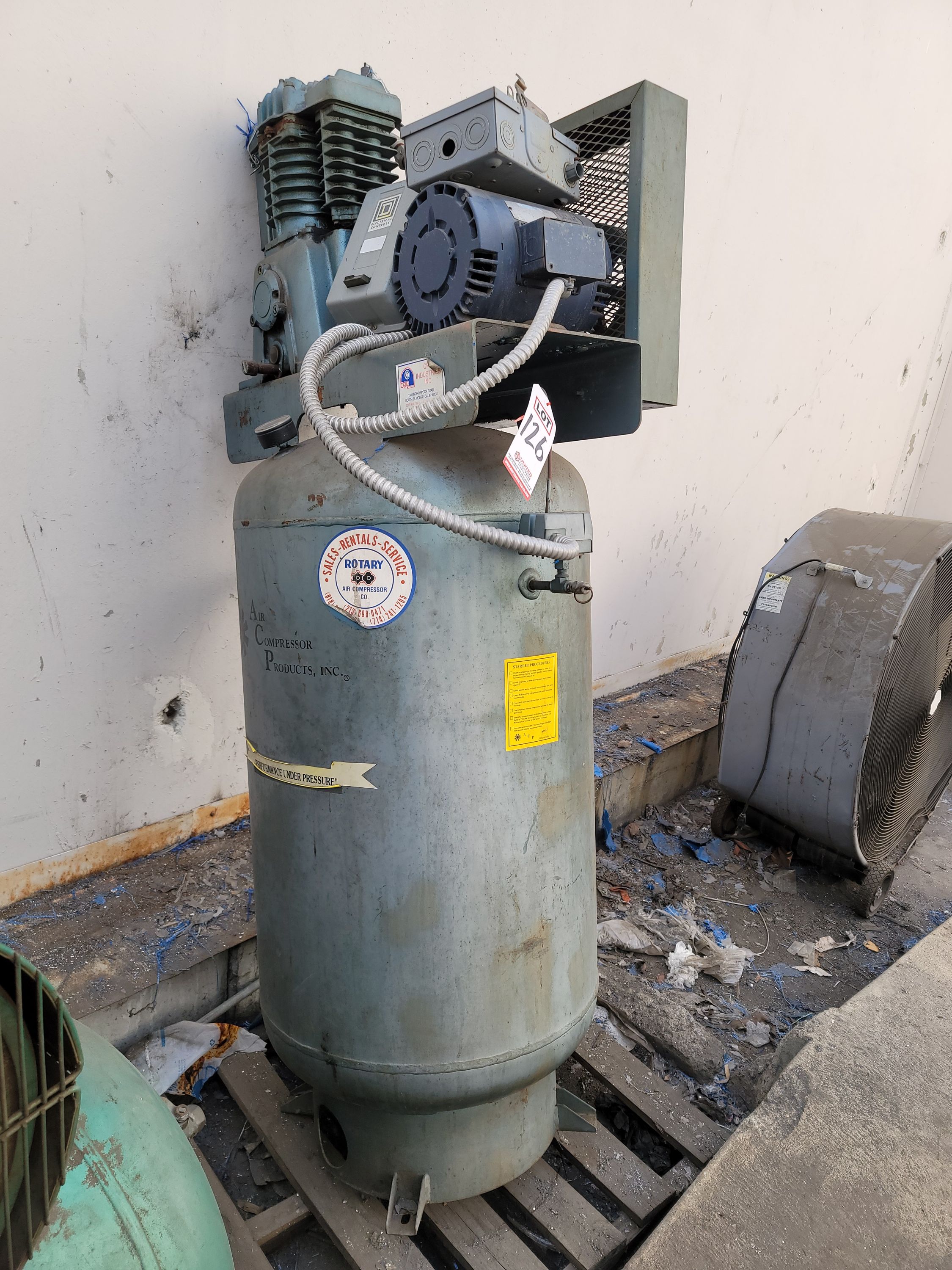 AIR COMPRESSOR PRODUCTS 5 HP VERTICAL AIR COMPRESSOR, MODEL ACP-51V82, OUT OF SERVICE / NEEDS WORK-126