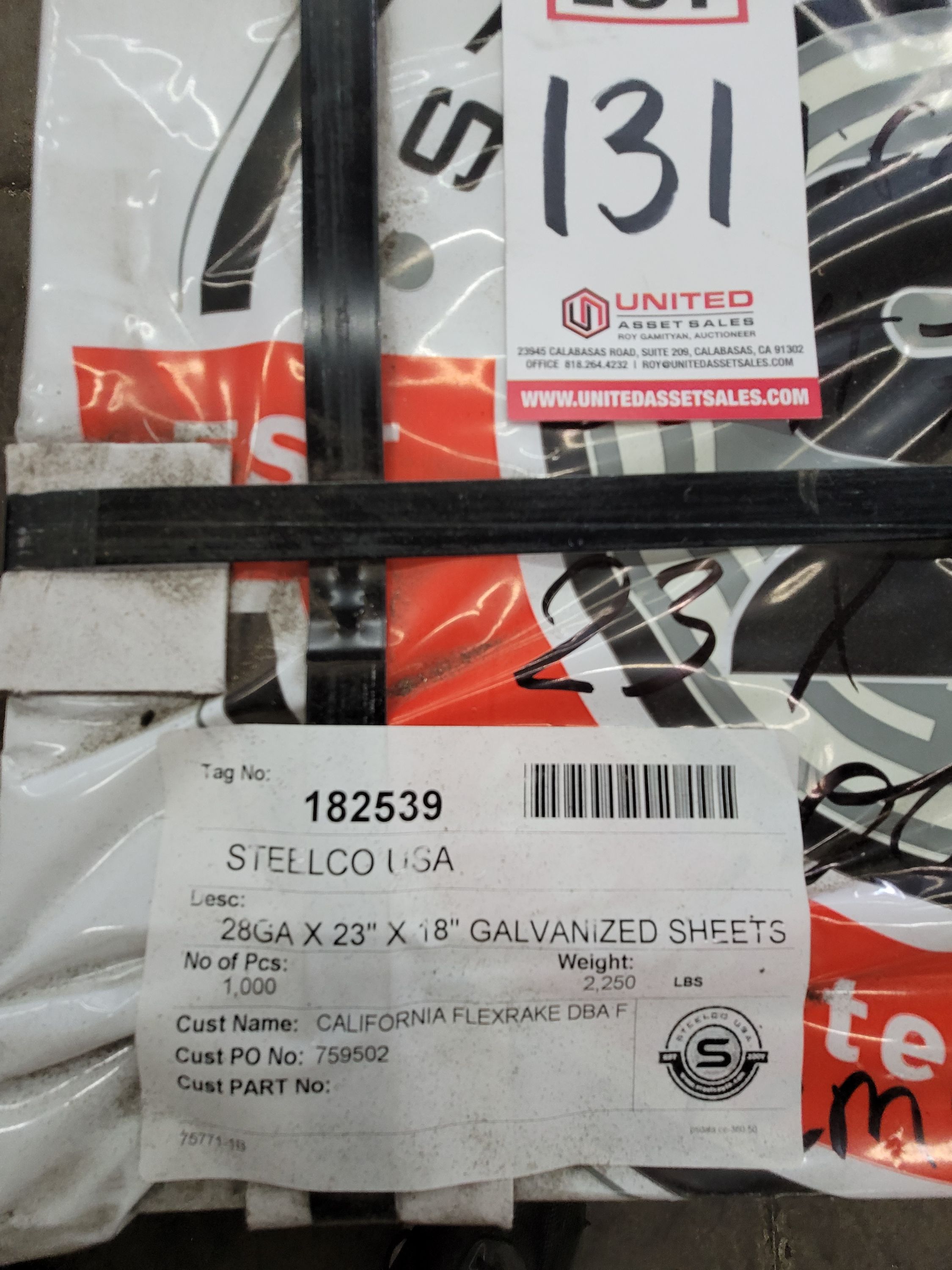 2,250 LBS OF 28GA X 23" X 18" GALVANIZED SHEETS, 1,000 PIECES-131