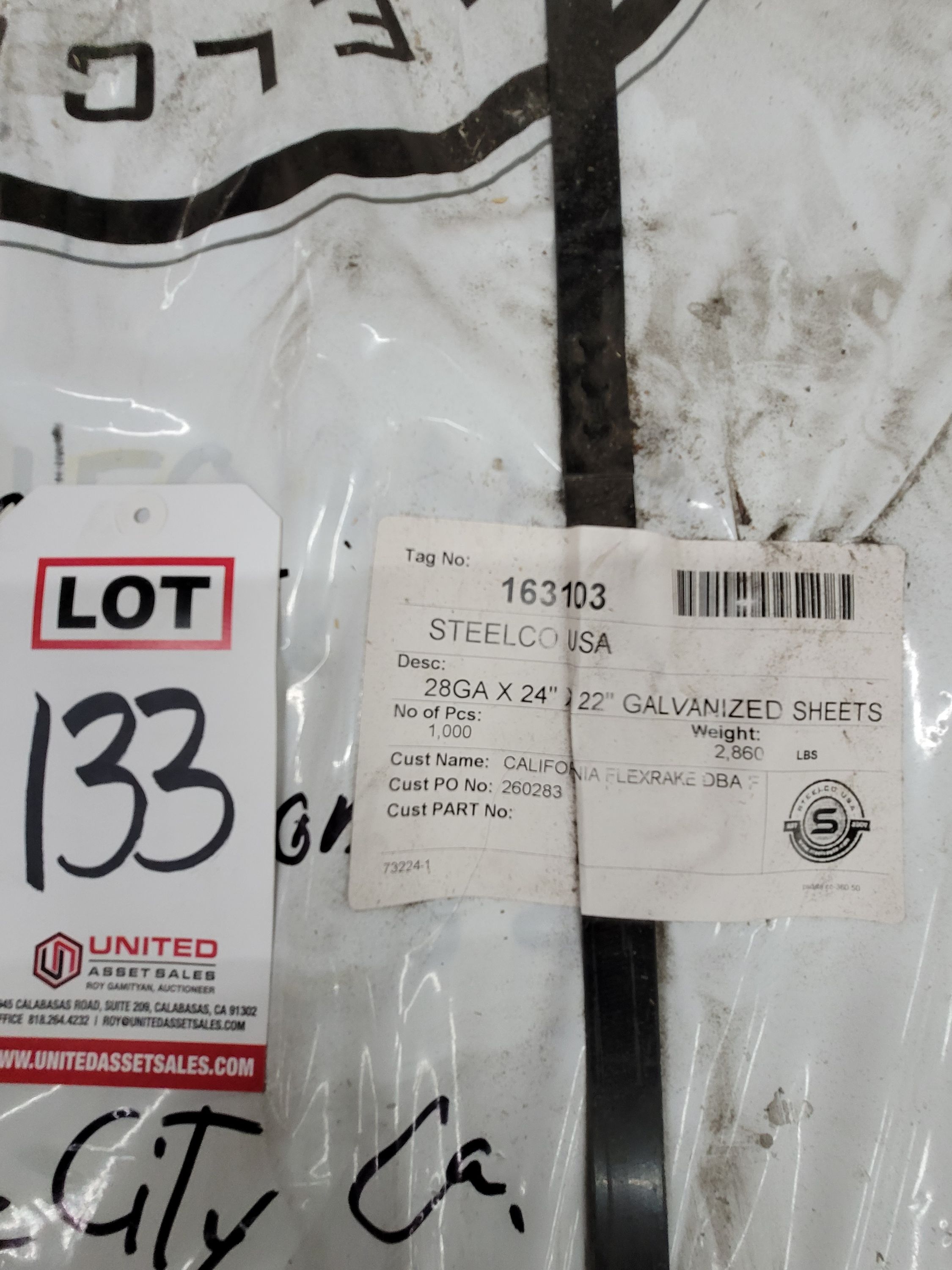 2,860 LBS OF 28GA X 24" X 22" GALVANIZED SHEETS, 1,000 PIECES-133