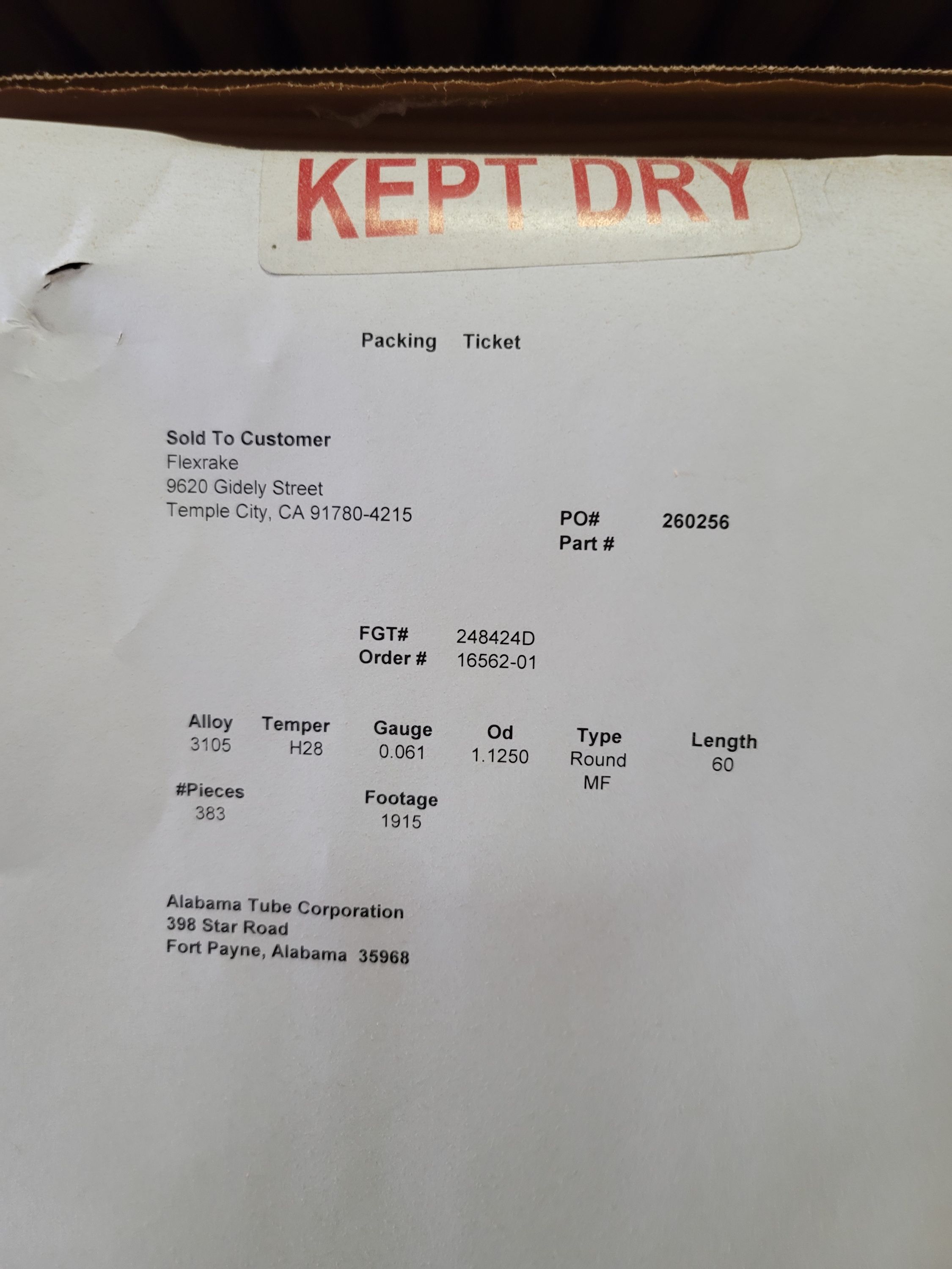 (28) PALLETS OF ALUMINUM HANDLE TUBING IN 60" LENGTHS, 3105 ALLOY, H28 TEMPER, 0.061 GA, 1.1250 O.D., (383) PIECES PER PALLET, 1,915.00' PER PALLET-159
