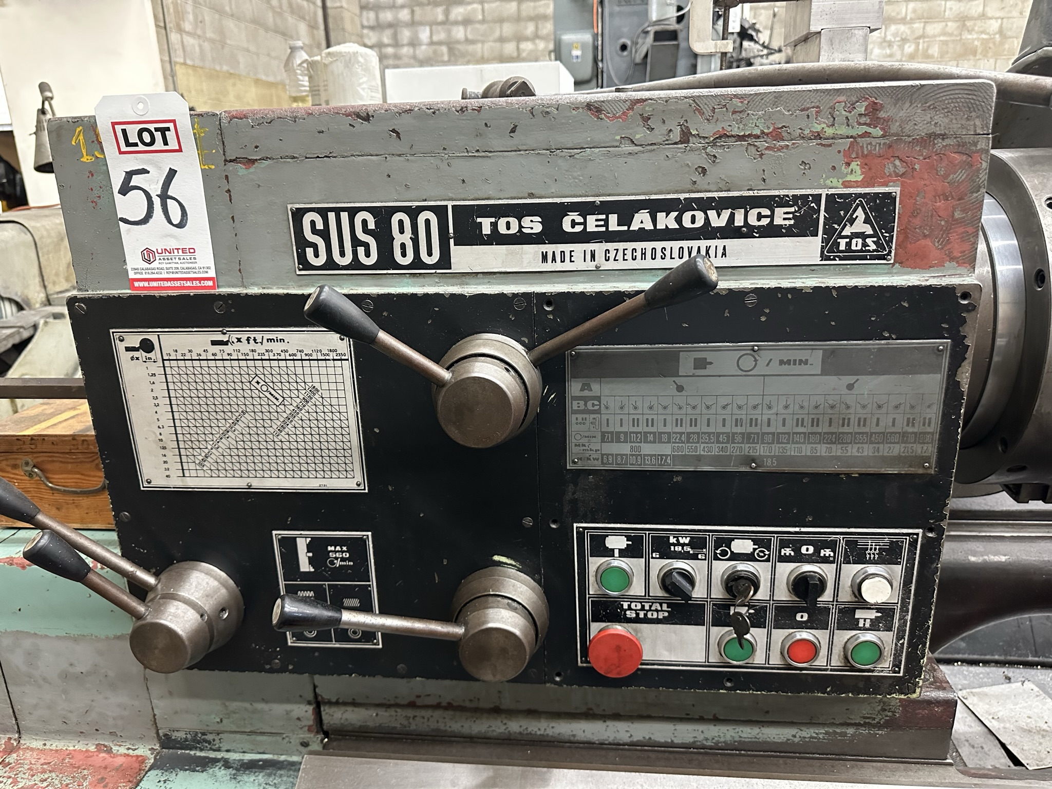 TOS SUS 80 LATHE, 32" X 130" CC, 15" 6-JAW CHUCK, TAILSTOCK, (2) STEADY RESTS, DUPLOMATIC TA-175 TRACING ATTACHMENT, 3-1/4" THROUGH HOLE-56